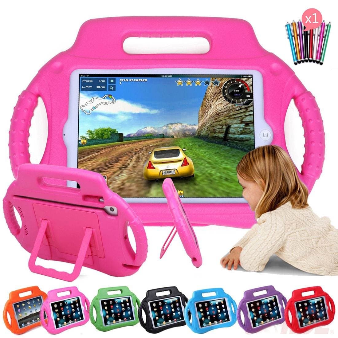 iPad Mini 4 Case,Sztook kids Shock Proof Handle Steering Wheel Protective Stand Cover Case for Apple iPad Mini 4 2015 Tablet,Rose
