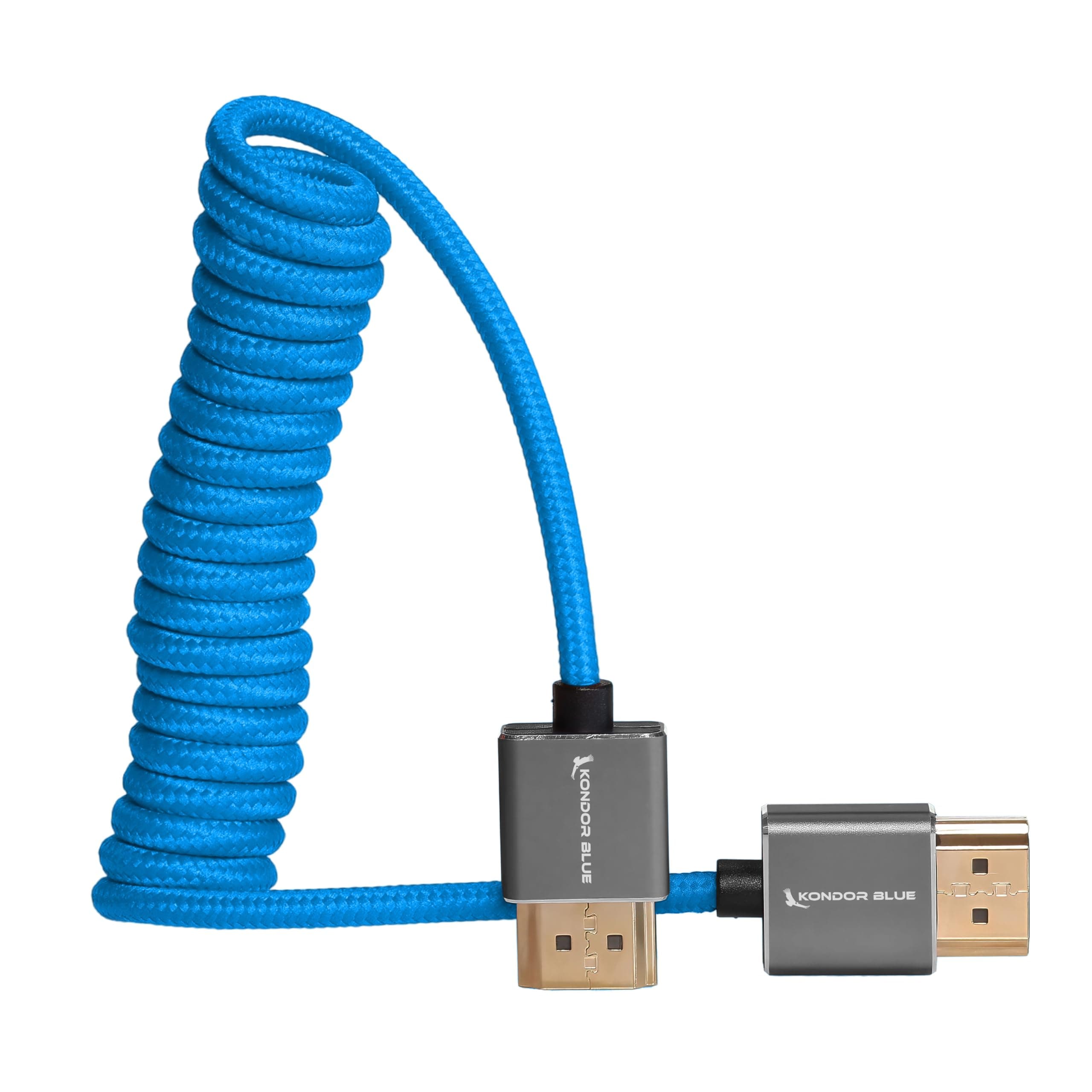 Kondor Blue 14"-24" Short Thin Full HDMI to HDMI High Speed 4K 3D HDR Coiled Braided Cable for On-Camera Monitors | 3840 x 2160-60Hz | 18Gbps Metadata