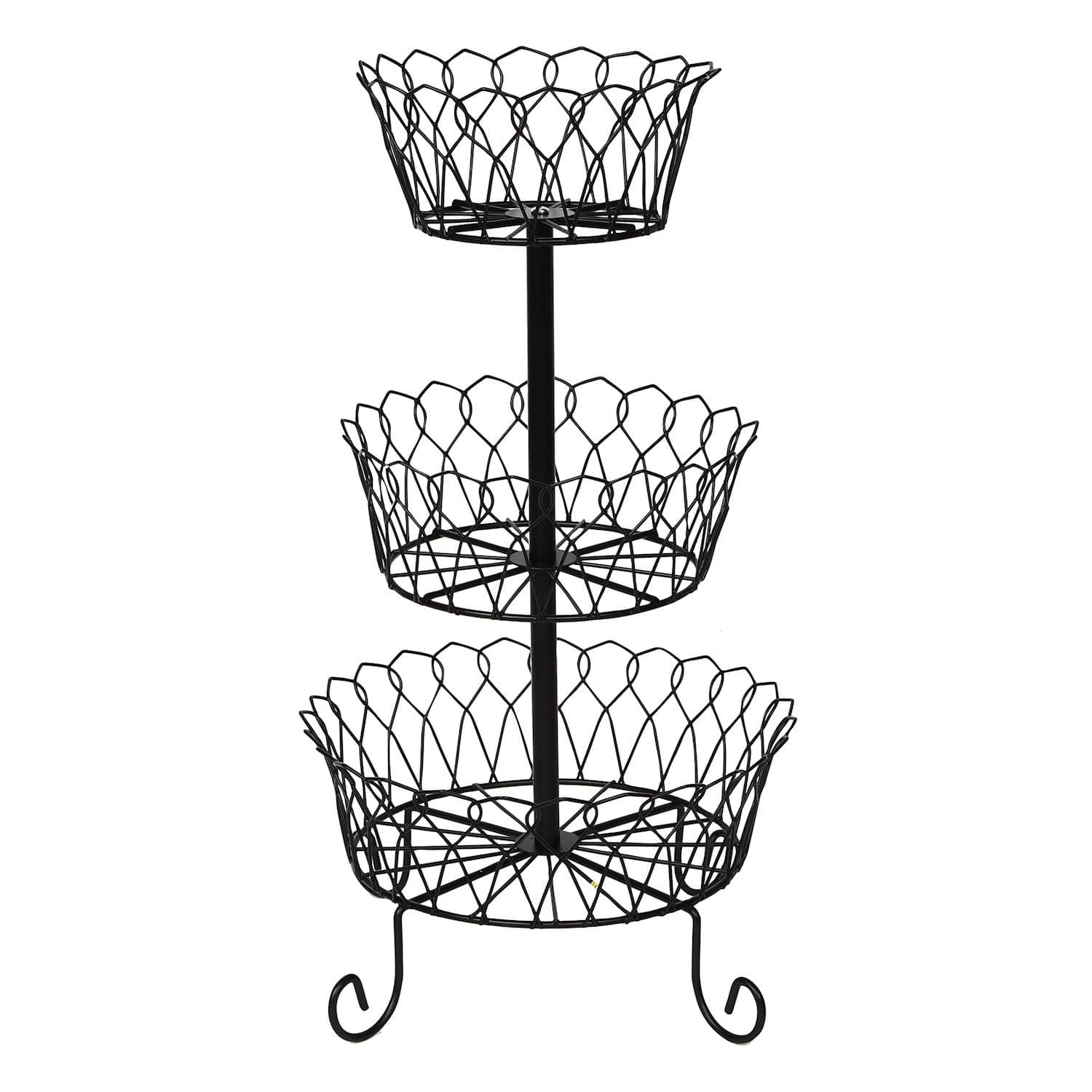 HOME DISTRICT 3-Tier Fruit Basket Stand - Footed Iron Wire Graduated Food Storage Bowls for Countertop and Dining Table, 17" H, 9.5" Dia.