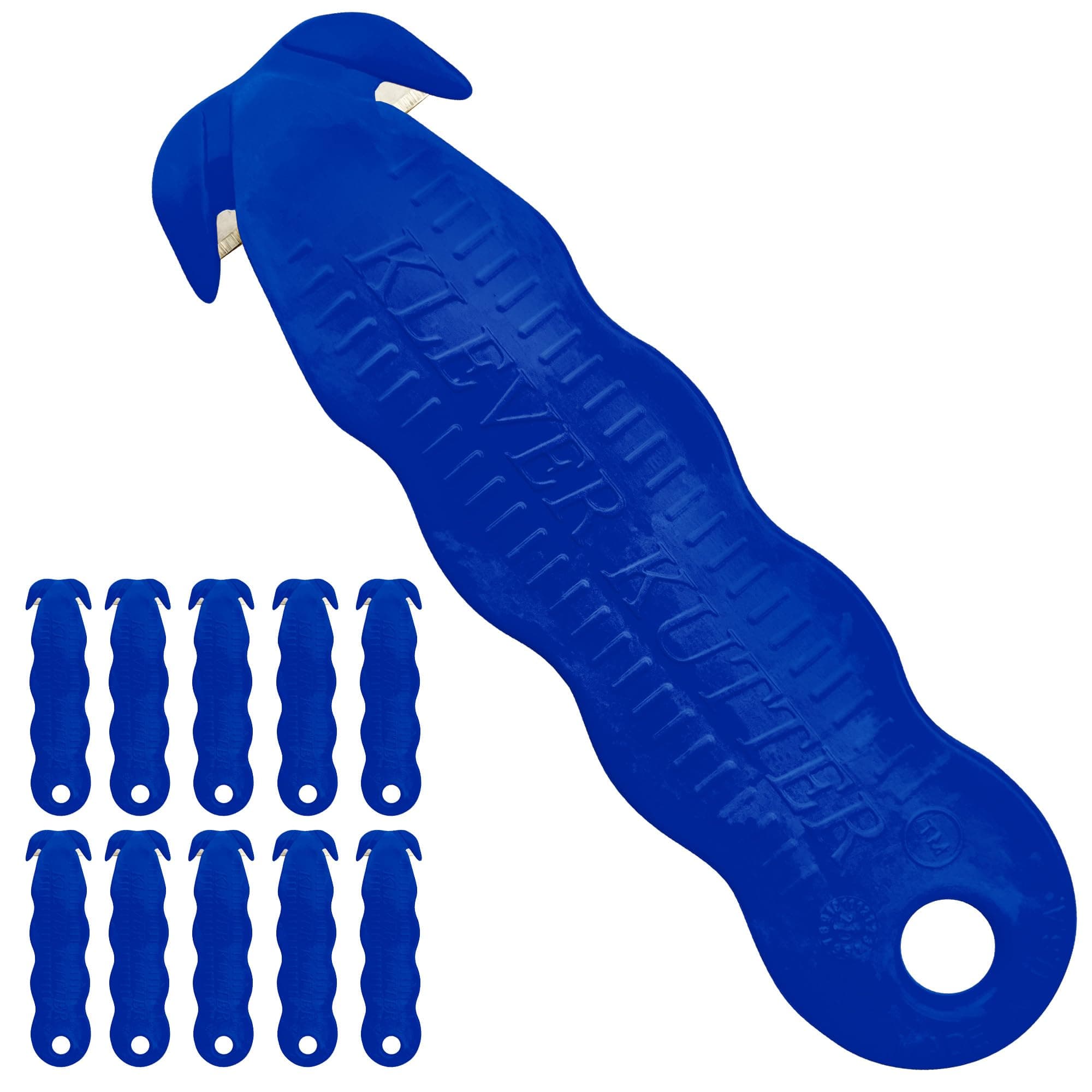 Kutter - Safety Cutter Tool (Pack of 10) Blue, Unique Double Hook Design - Disposable Safety Cutter With Cutting Blade For Box, Strap, Carton, Package, Envelope and Letter Opener.