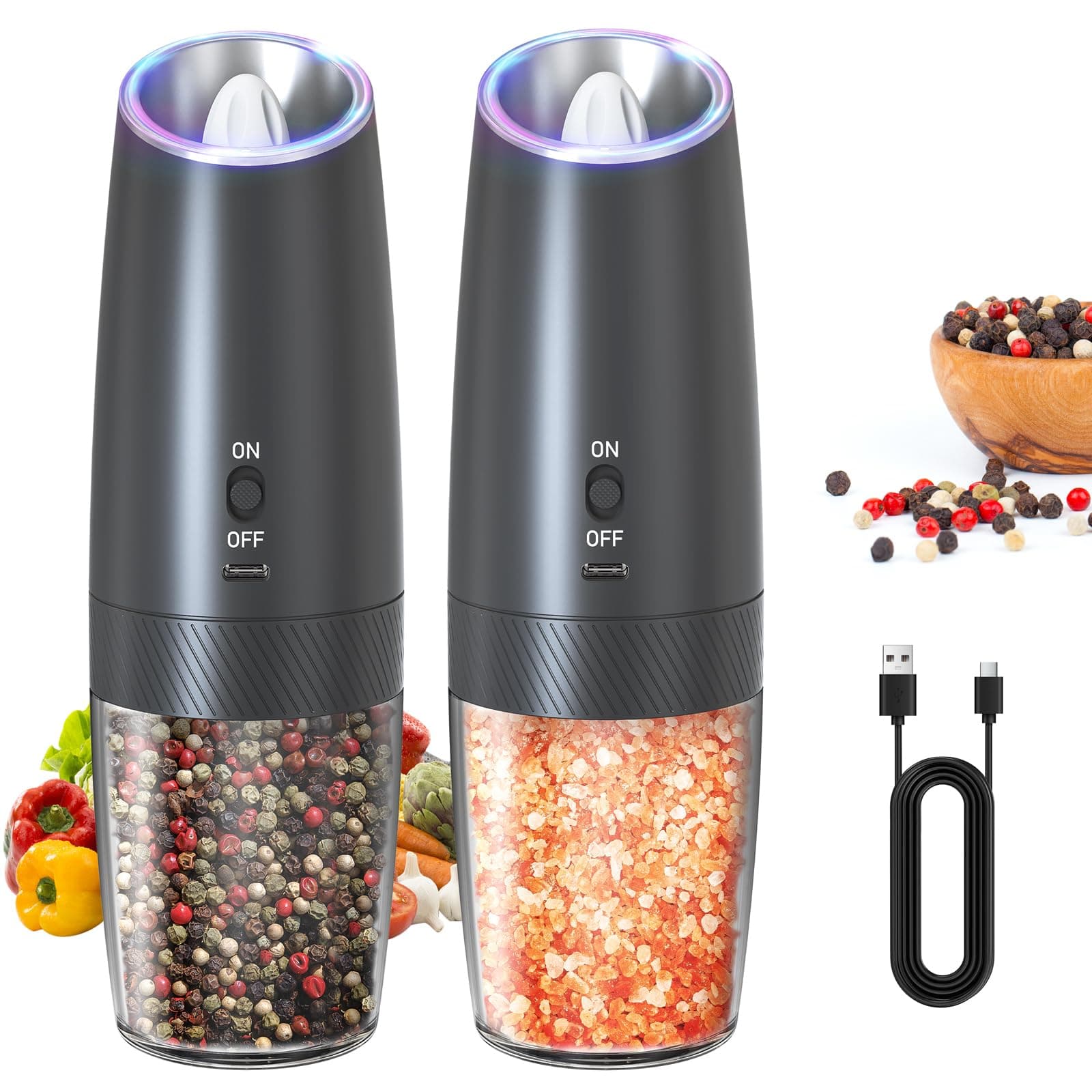 Rechargeable Electric Salt and Pepper Grinder Set Gravity Salt and Pepper Mills Set with LED Light, No Battery Needed, Adjustable Coarseness, Washable 135ml Container, Black