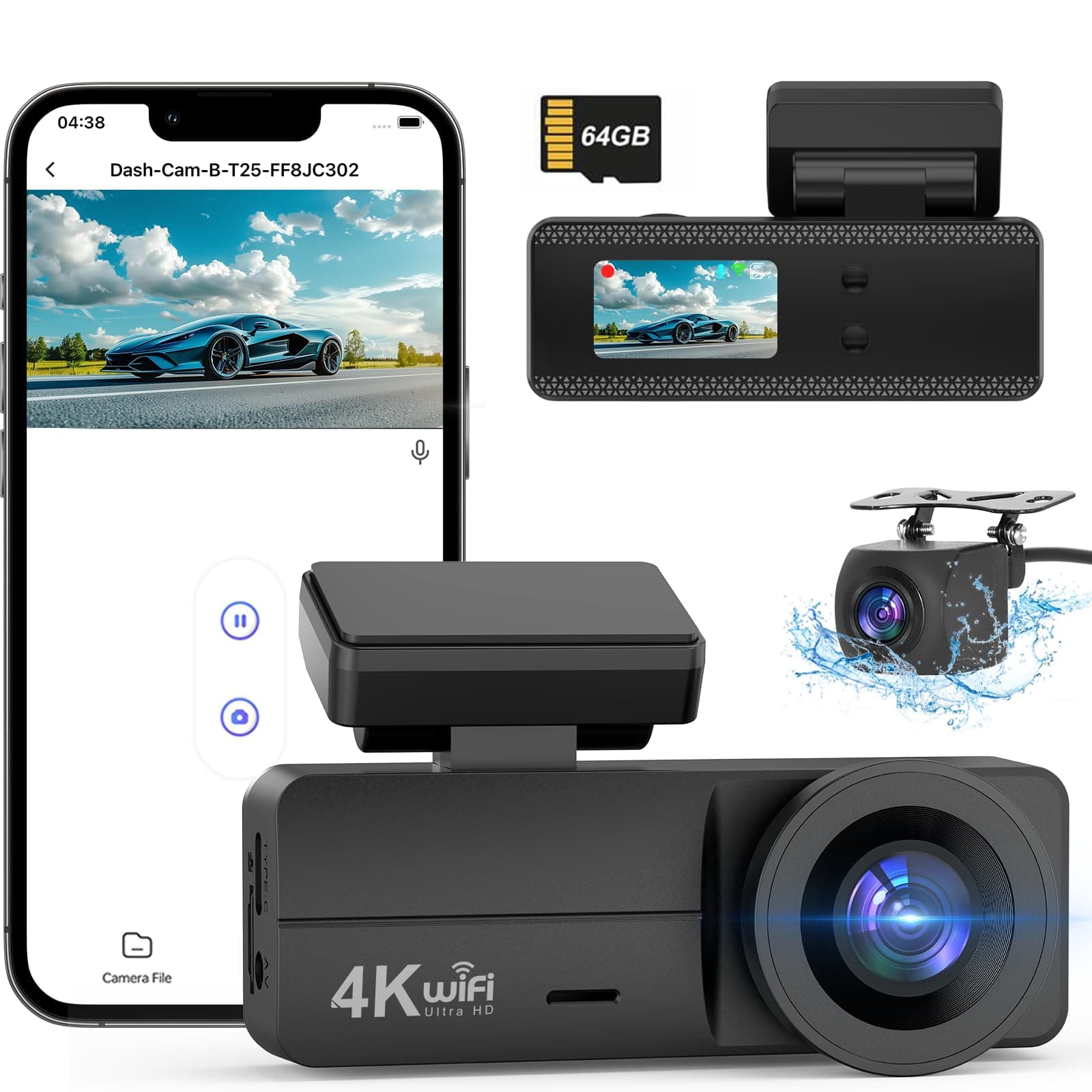 Dash Cam Front and Rear 4K+1080P, Dash Cam Inserted 64GB SD Card, Built-in WiFi Dash Camera for Cars, Super Night Vision Dashcam, 24H Parking Mode, G-Sensor, Loop Recording Car Camera