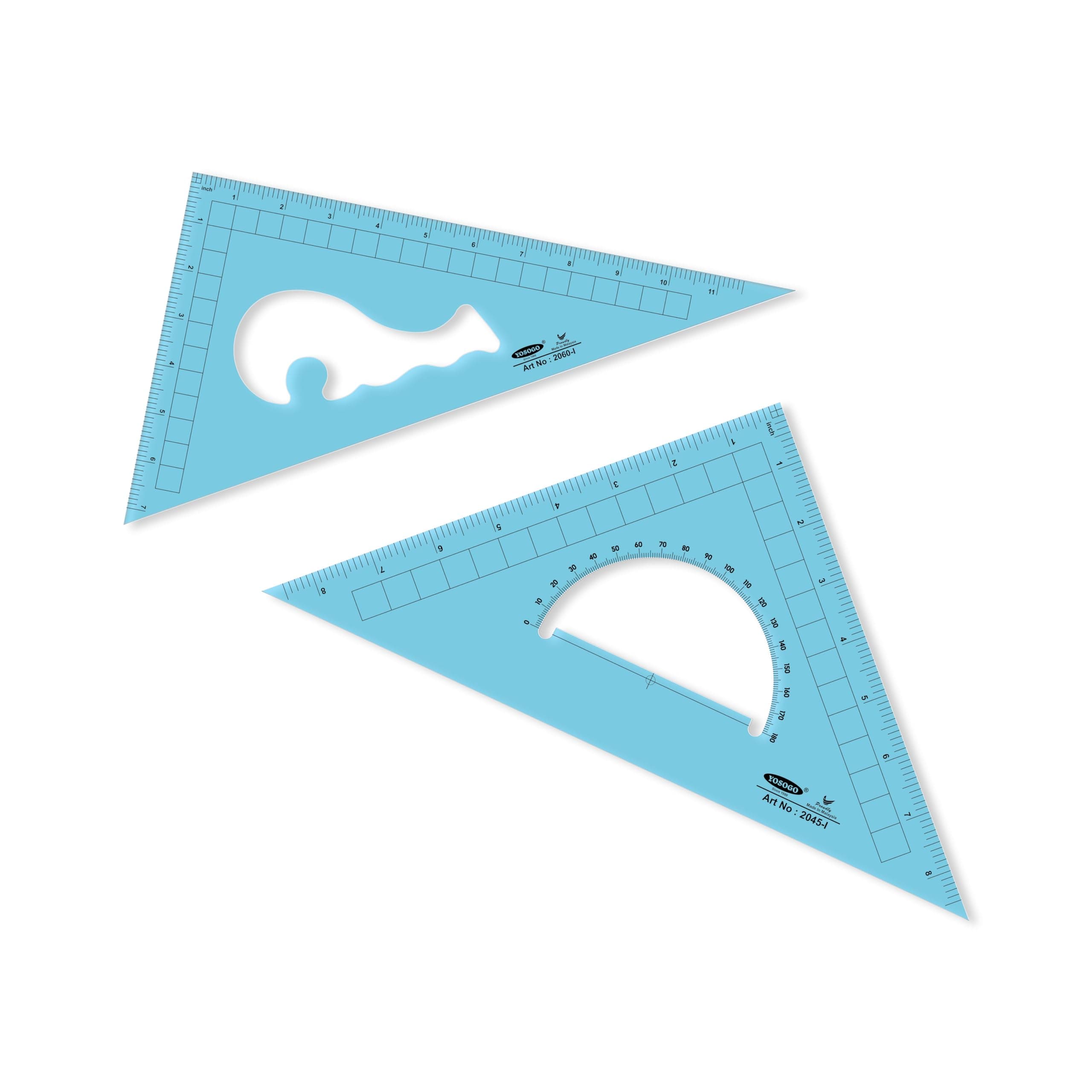 Pack of 2 Large Transparent Triangle Ruler Set Square: 12 Inch- 30/60 Degree & 9 inch 45/90 Degree | Essential for School and Work use (Inch Scale)