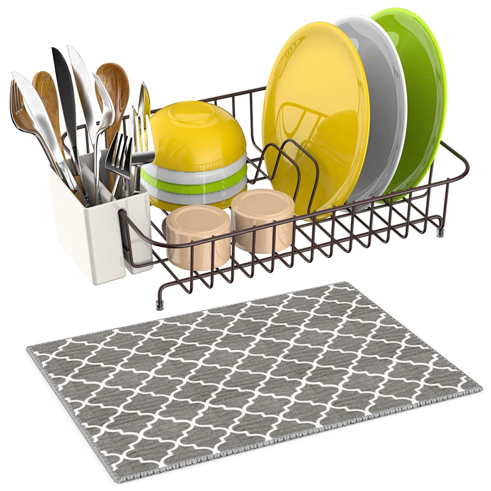 Dish Drying Rack, iSPECLE Dish Rack with Utensil Holder, Microfiber Dish Drainer Mat with Dish Rack Wire for Kitchen Counter Top, Polished Prevent Rust Dish Holder, Classic Bronze Coating