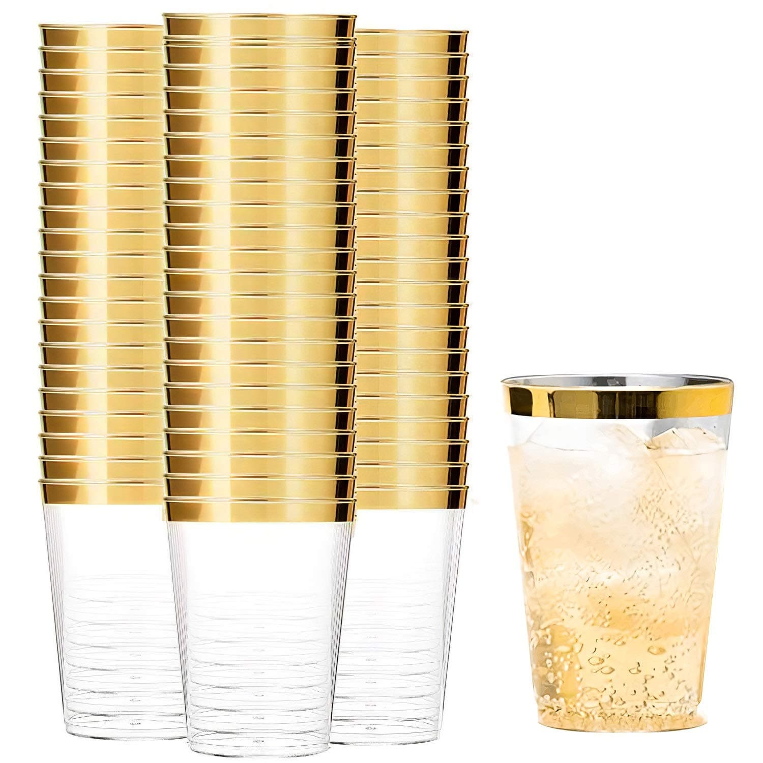 Tebery 100 Pack Gold Rimmed Plastic Cups, 12oz Clear Plastic Wedding Cups for Reception, Sturdy Disposable Elegant Party Tumblers Cup for Picnic, BBQ, Travel, Christmas, Events