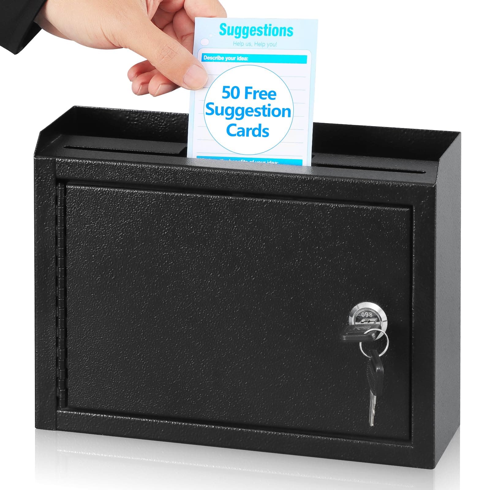 KYODOLED Suggestion Box with Lock and Slot, Small Locking Mailbox for Office, Wall Mount Safe Money/Key Drop Box with 50 Free Suggestion Cards, 9.8" W x 3" D x 7" H, Black