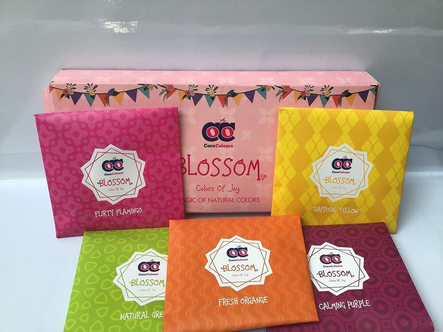 Smizzy Gift Hamper Box Packed Natural| Soft & Glossy| Non Toxic, Organic & Herbal Gulal Color- Pack of 5 (400 gm) Holi Celebration Rangoli Craft Activities| Orange, Pink, Yellow, Green and Purple