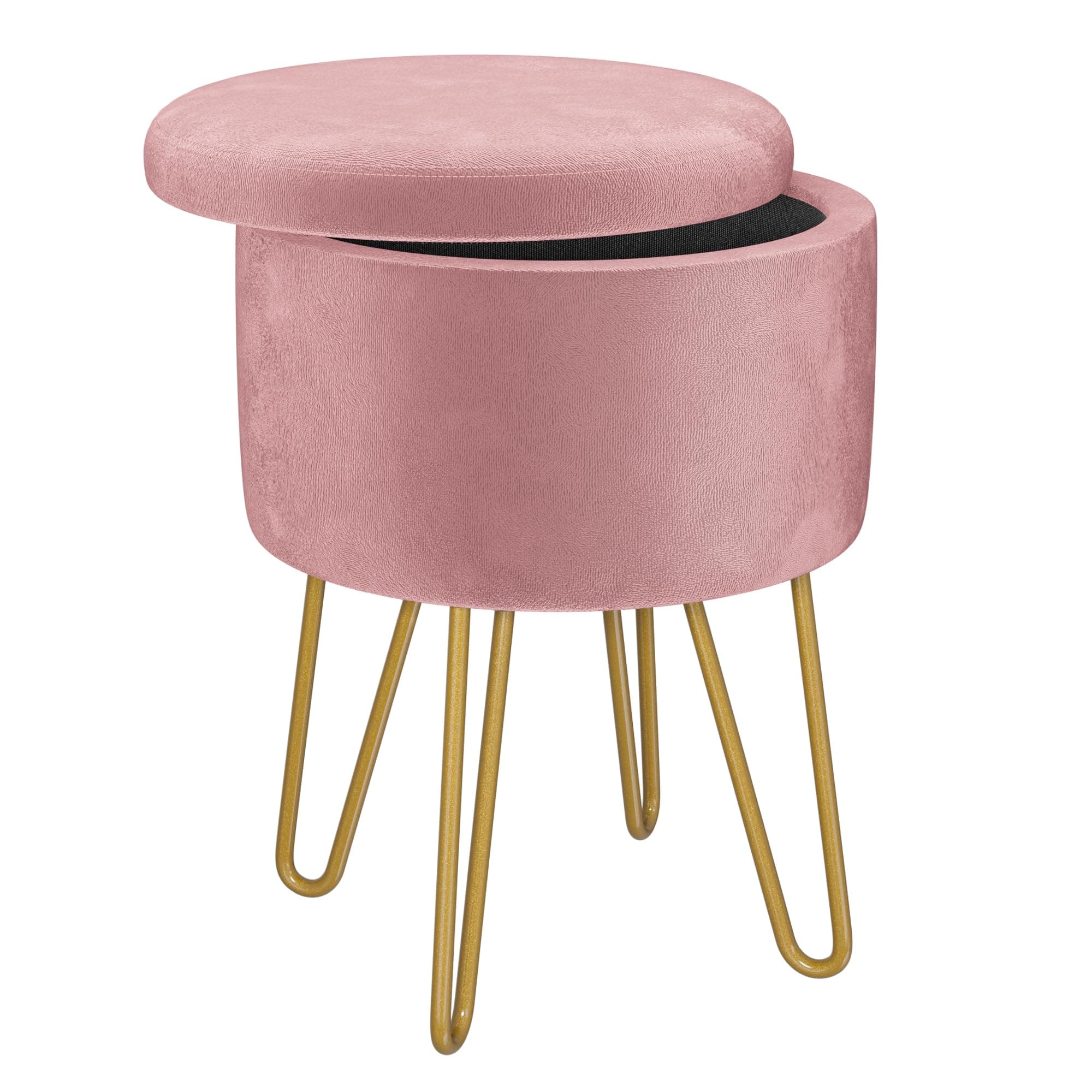 BONTEC Round Velvet Vanity Stool with Storage, Pink Dressing Table Chair with Gold Metal Legs, Soft Ottoman Seat, Shoe Bench & Toy Book Organizer, for Bedroom, Living Room, Hallway, 6.38L Capacity