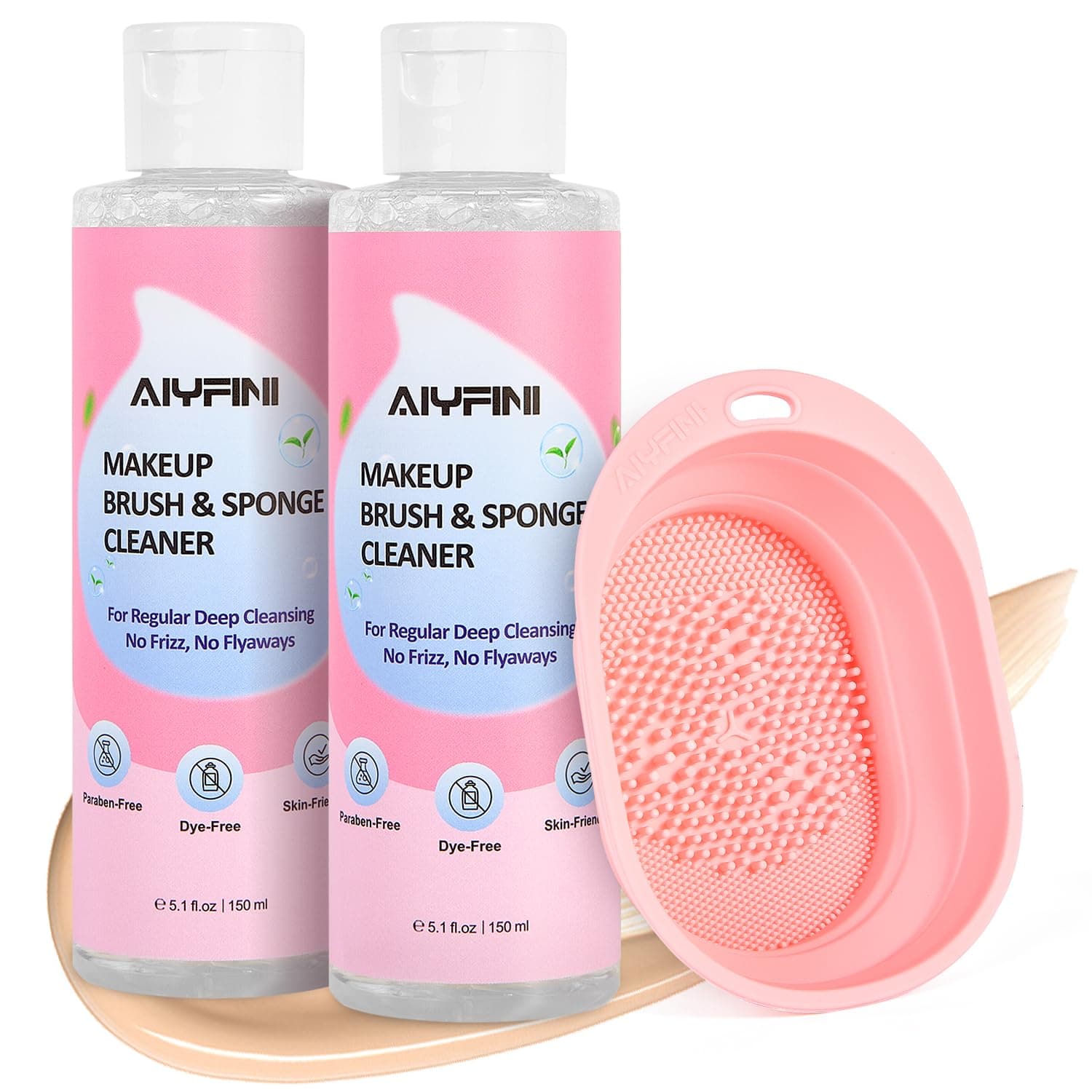 Makeup Brush Cleaner Solution + Scrub Basin Combo, Removes Tough Stain on Make Up Brushes Set/Sponge/Puffs, Deep Clean Inner Bristles from Waterproof Foundation/Concealer, 10.2 Fl Oz/300 ml