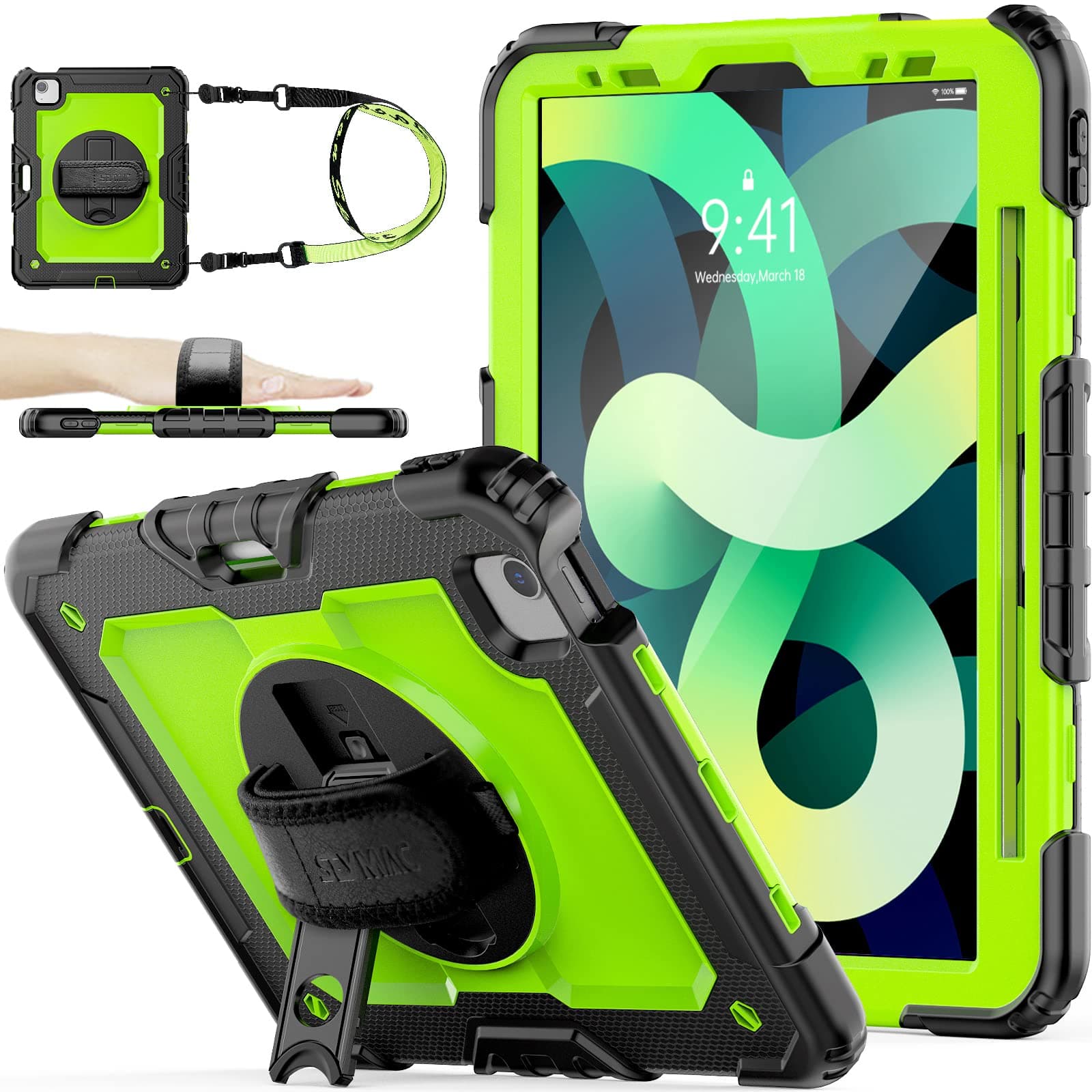 SEYMAC stock Case for iPad Air 5th/4th Generation/Pro 11 (4th/3rd/2nd) with Screen Protector Pen Holder, 360° Rotate Hand Strap/Stand Case for iPad Air 5th/4th Gen 10.9''/ Pro 11'' (Green+Black)