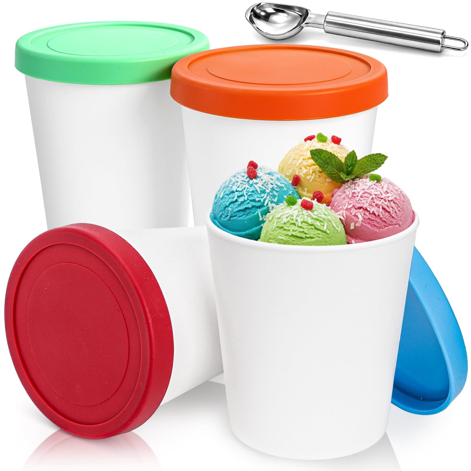 Peohud 4 Pack Ice Cream Containers with Lid, 1 Quart Reusable Freezer Storage Tubs with Silicone Lids and Spoon for Ice Cream, Silicone IceCream Tubs for Sorbet and Gelato, Freezer Dishwasher Safe