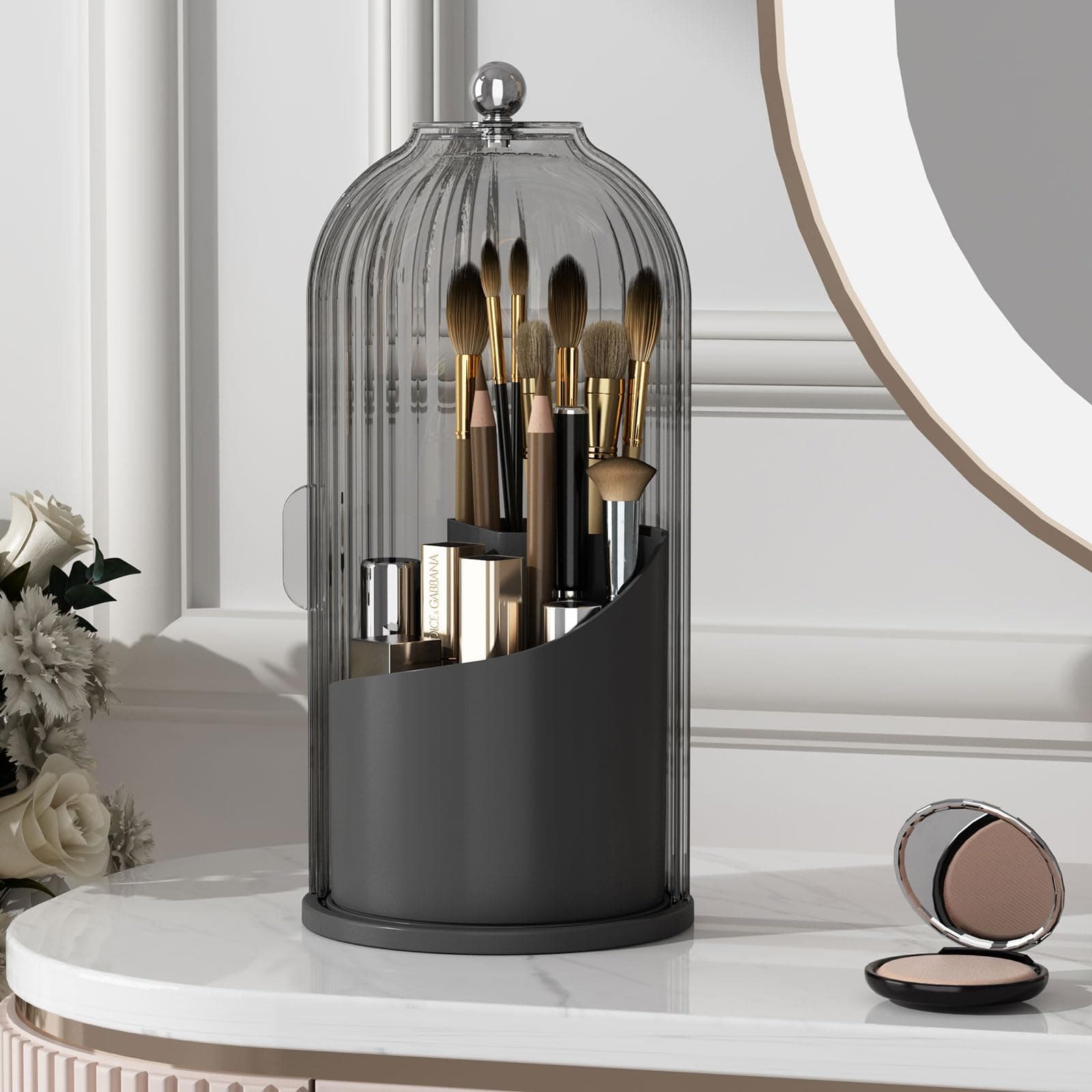 Makeup Brush Holder with Lid 360 Rotating Clear Dustproof Make Up Organizers for Vanity Bathroom Countertop, Black