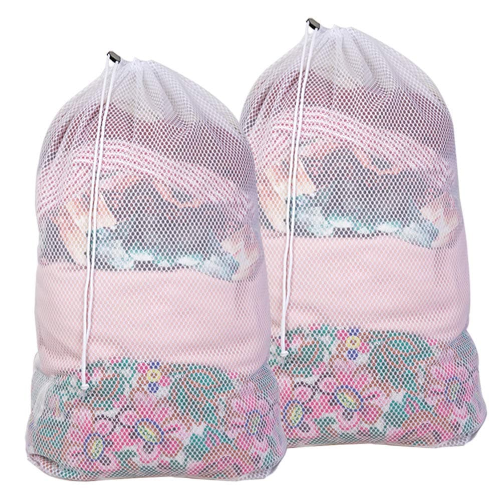 Commercial Large Mesh Laundry Bag (2 Mesh Available), Wanapure 2 Pack Heavy Duty Drawstring Bag with Cord lock and White Sturdy Thicker Mesh Material for Factories, College, Dorm, Storage (24''x 36'')
