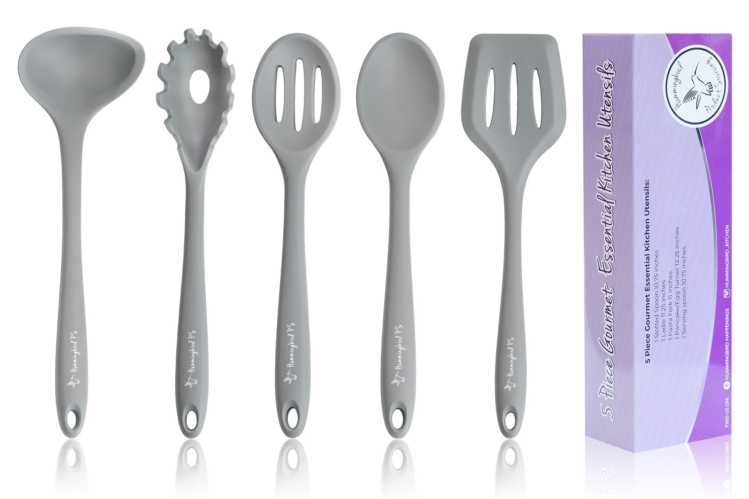 Silicone Kitchen Utensil Set - Essential Cooking Utensils Tools for NonStick Cookware - Turner Spatula, Serving Spoon, Slotted Spoon, Pasta Fork Spoon, Ladle - Heat Resistant Kitchen Gadgets - Grey