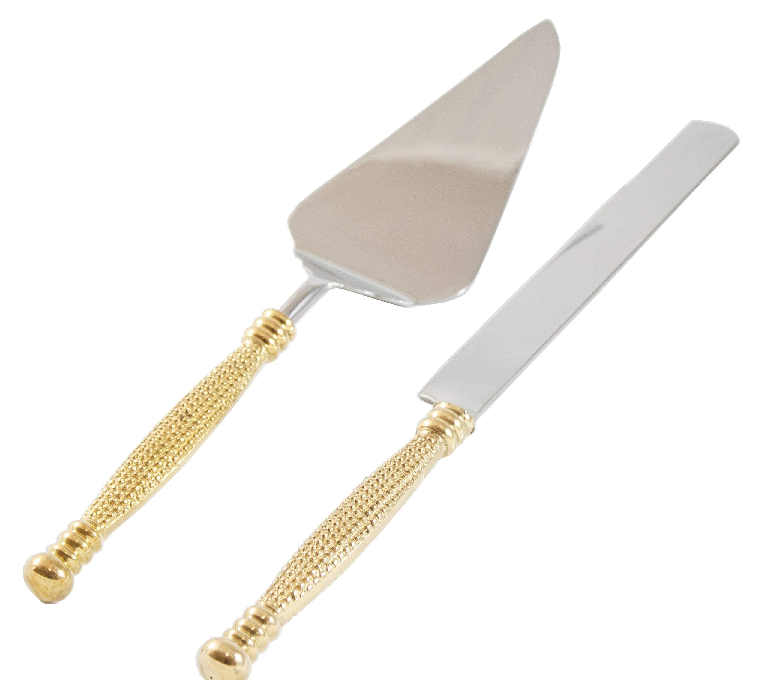 Cake Server, Pie Server, Server Set of Cake Knife and Server, Desert Flatware,String of Beads Design, 2-piece, 18/10 Stainless steel with brass handles (light antique gold finish)…