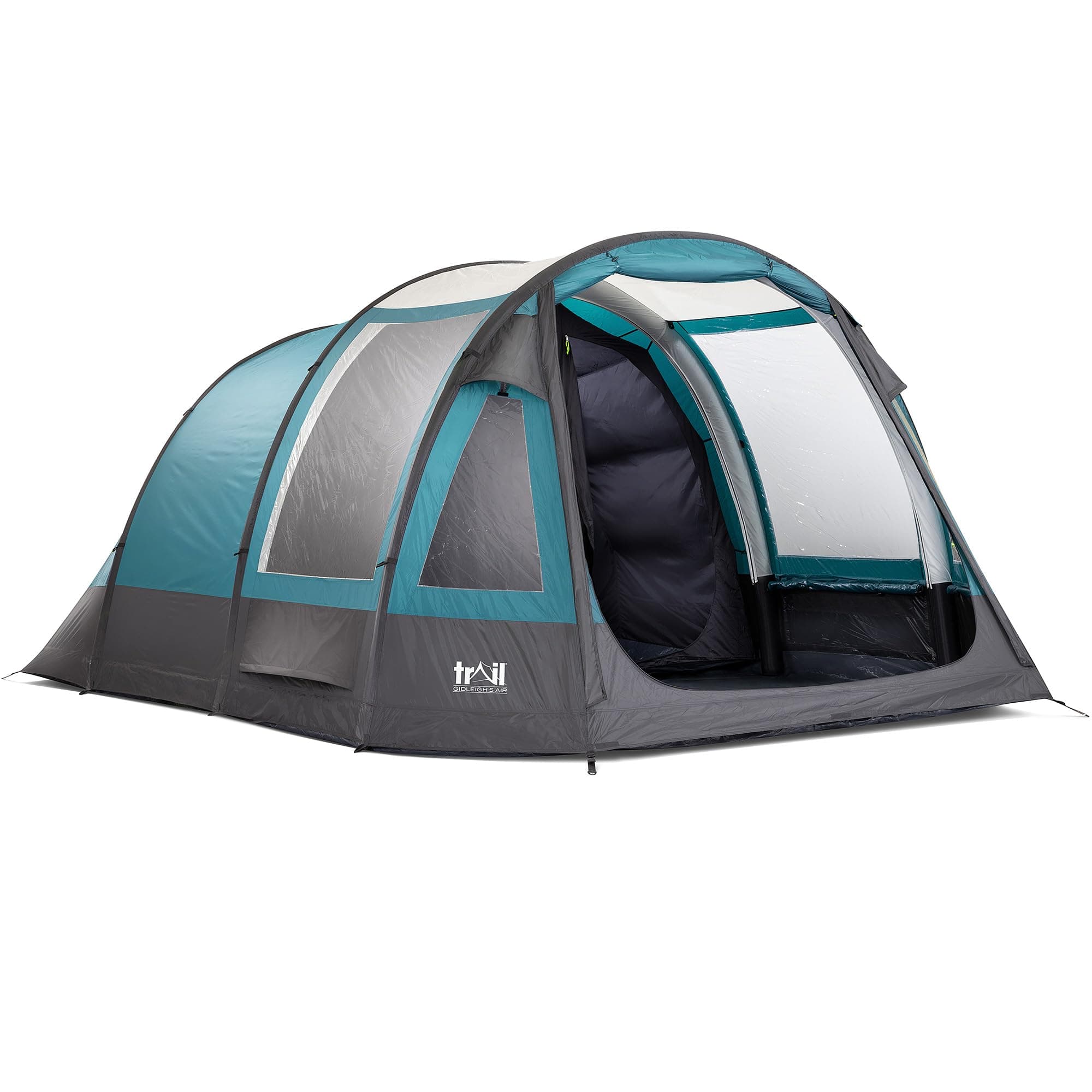 Trail Gidleigh Inflatable 5 Man Air Tent with Living Area, Family Camping Tunnel Tent, 5000mm Waterproof, Dark Zone Bedroom, Safety Purge Pump and Bag (L465cm x W320cm x H200cm)