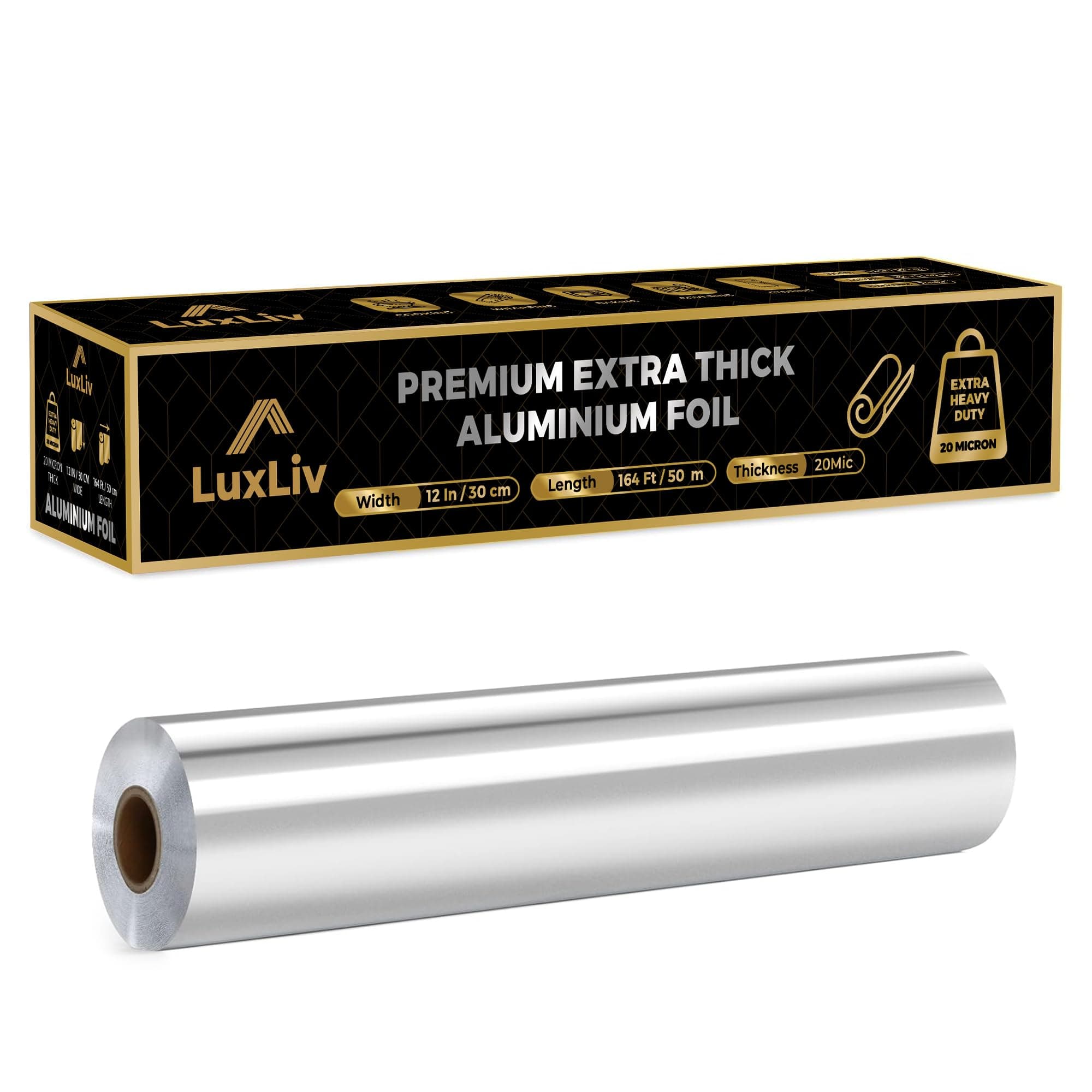 50m Premium Heavy Duty 20 Micron Thick Kitchen Foil Catering Aluminium Tin Foil Roll - 30cm Wide