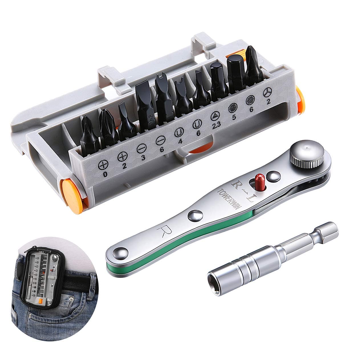 10 Bits Portable Ratchet Screwdrivers Set with High Torque Reversible Drive Handle and Extension Bits Holder by Towerwin