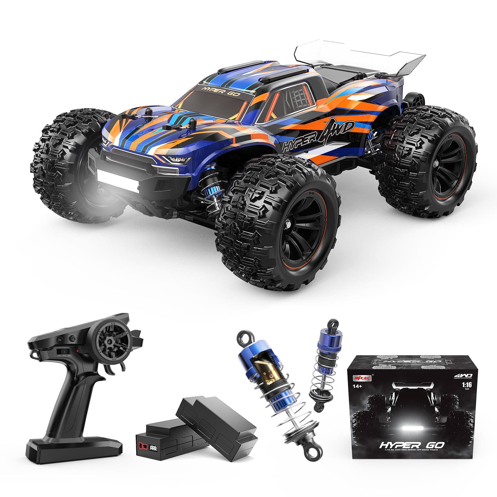 H16DR 1:16 Scale Ready to Run Fast Remote Control Car, High Speed Jump RC Monster Truck, Off Road RC Cars, 4WD All Terrain RTR RC Truck with 2 LiPo Batteries for Boys and Adults
