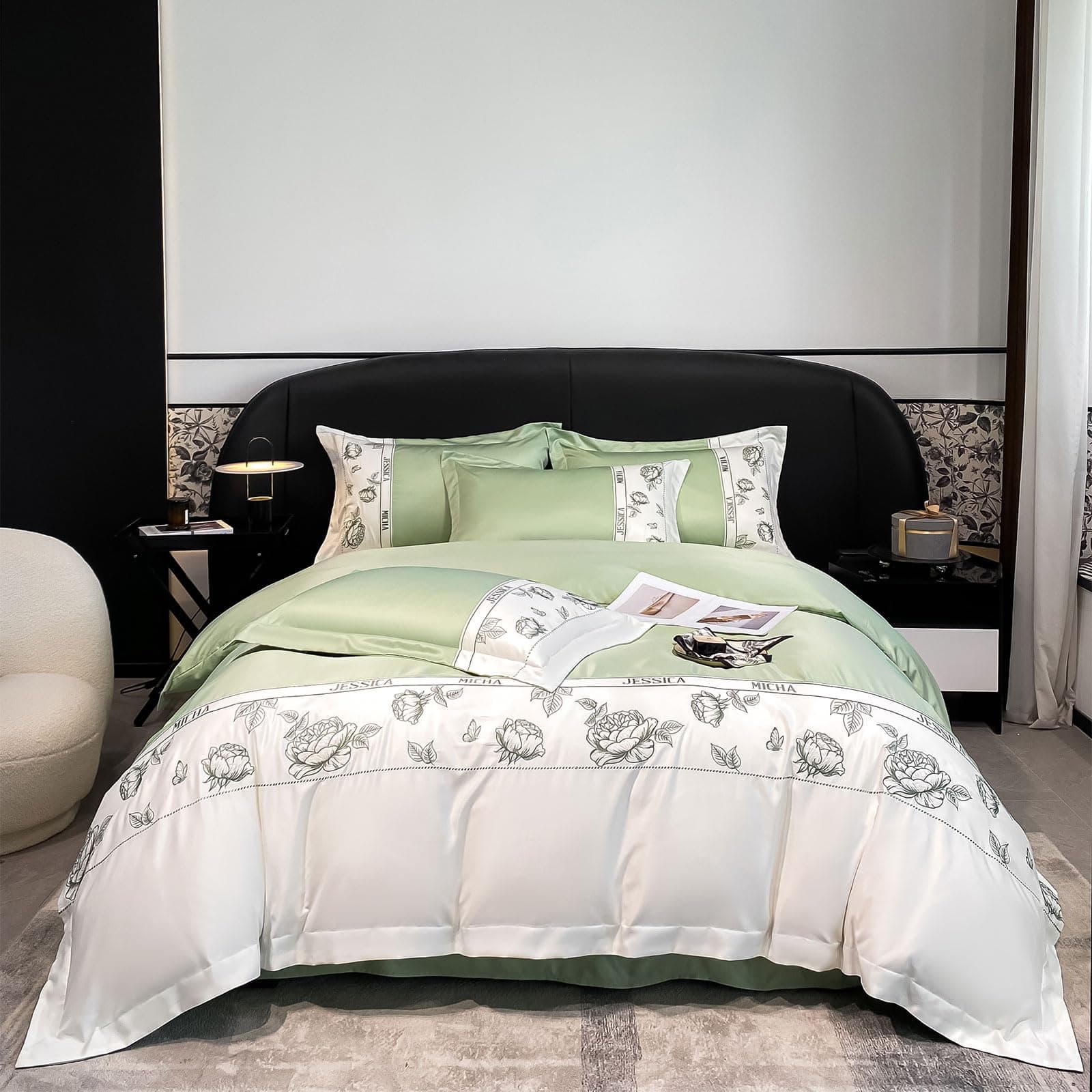 Xrare Bedding Set 4Pcs, Soft Microfiber Bed Set, Flower Embroidery Pattern Duvet Cover Set, Queen Size Quilt Cover(200x230cm), Green