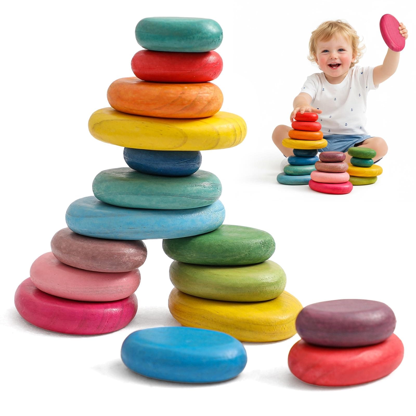 OESSUF 16PCs Stacking Rocks Wooden Stacking Blocks Balancing Stacking Stones Wooden Stone Building Game for Toddler Rainbow Pebbles Sorting Preschool Educational Montessori Stacking Toys for Kids Baby