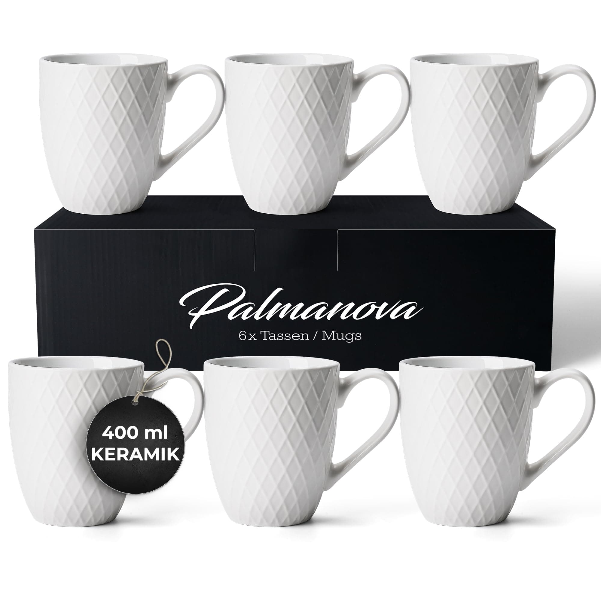 6 x 400 ml – Coffee mug set/mug - Modern ceramic mug Matt - Coffee mug large - Palmanova Collection (White)