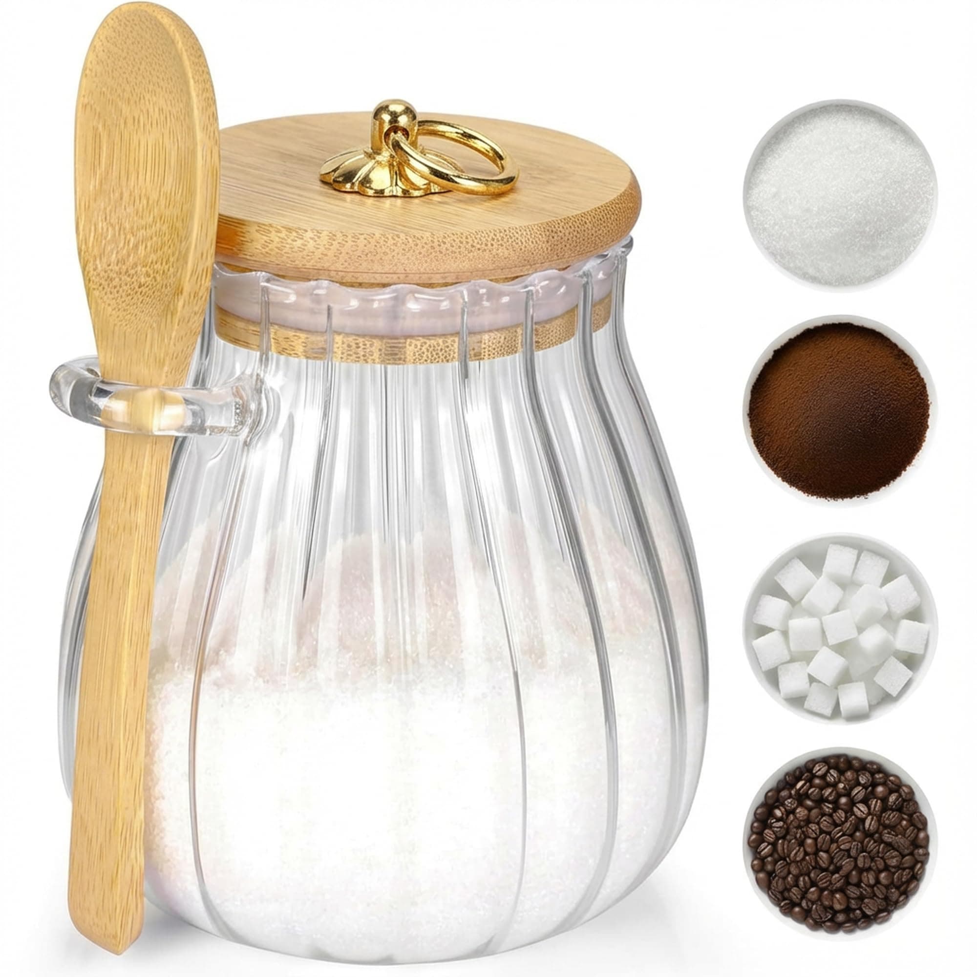Sugar Container with Bamboo Lid and Spoon,15 oz Sugar Bowl Glass Jar for Coffee Bar Accessories Coffee Canister Kitchen Decor Housewarming Gift Christmas Refillable Design
