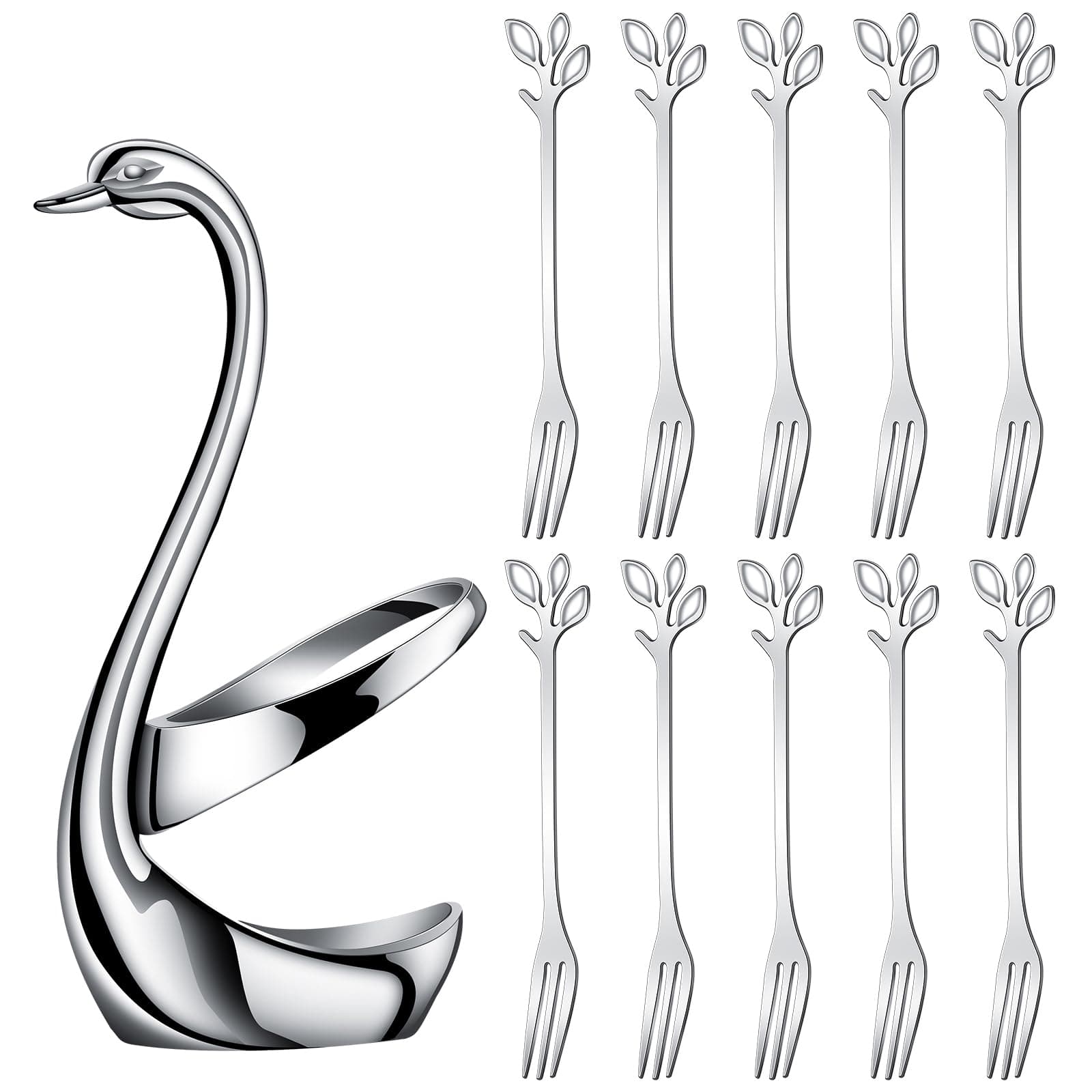 AnSaw Elegant Swan Base Holder Set with 10 pcs Silver Leaf 4.7" Stainless Steel Mini Forks for Appetizer, Fruit, Dessert, Cake & Salad