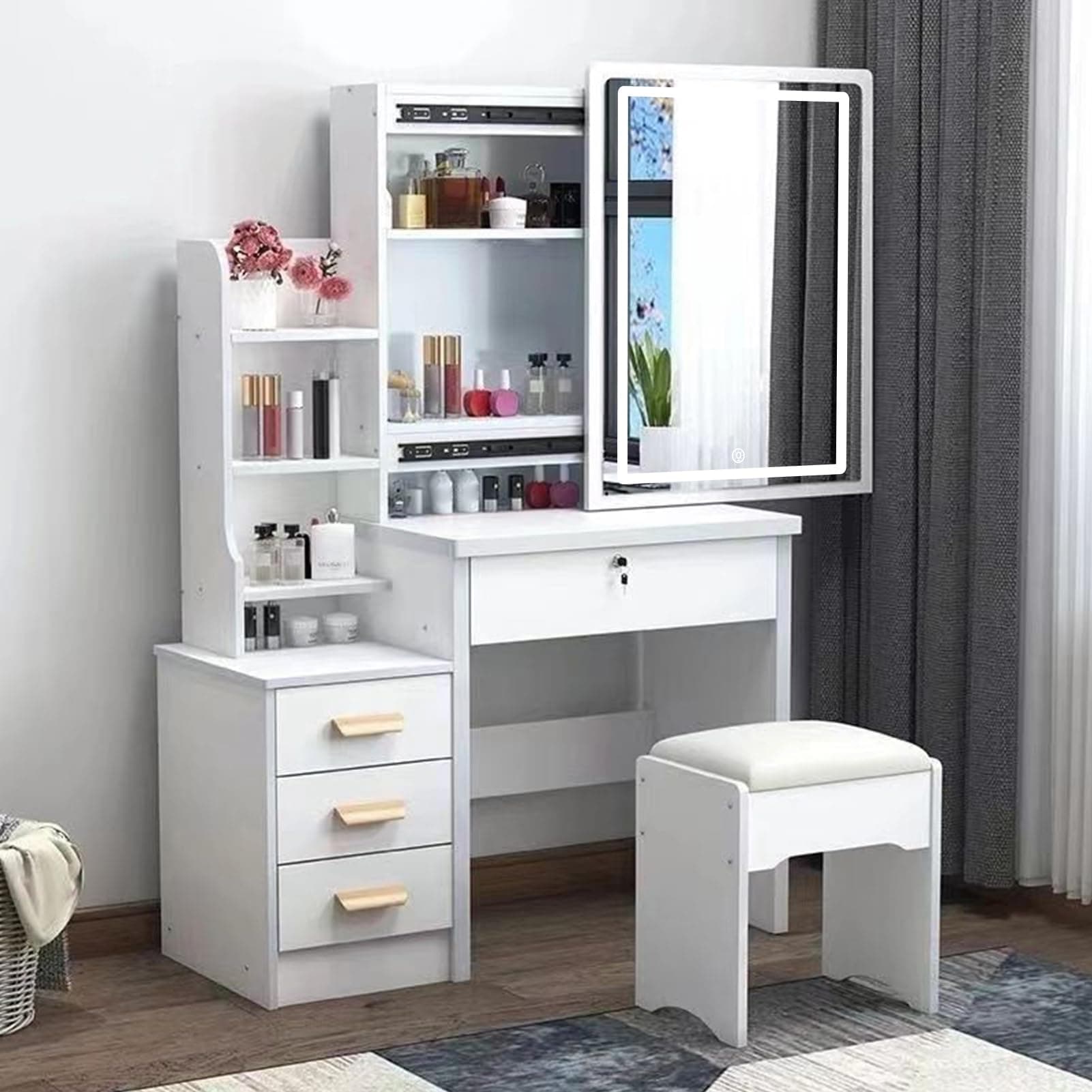 Makeup Vanity Desk with Mirror and Lights, Multifunctional 3 Colour Light Modes Bedroom Dressing Table Chair Wooden Handles and a Lock Easy Assembly Vanity desks (31.5" x 15.75" x 53.15")
