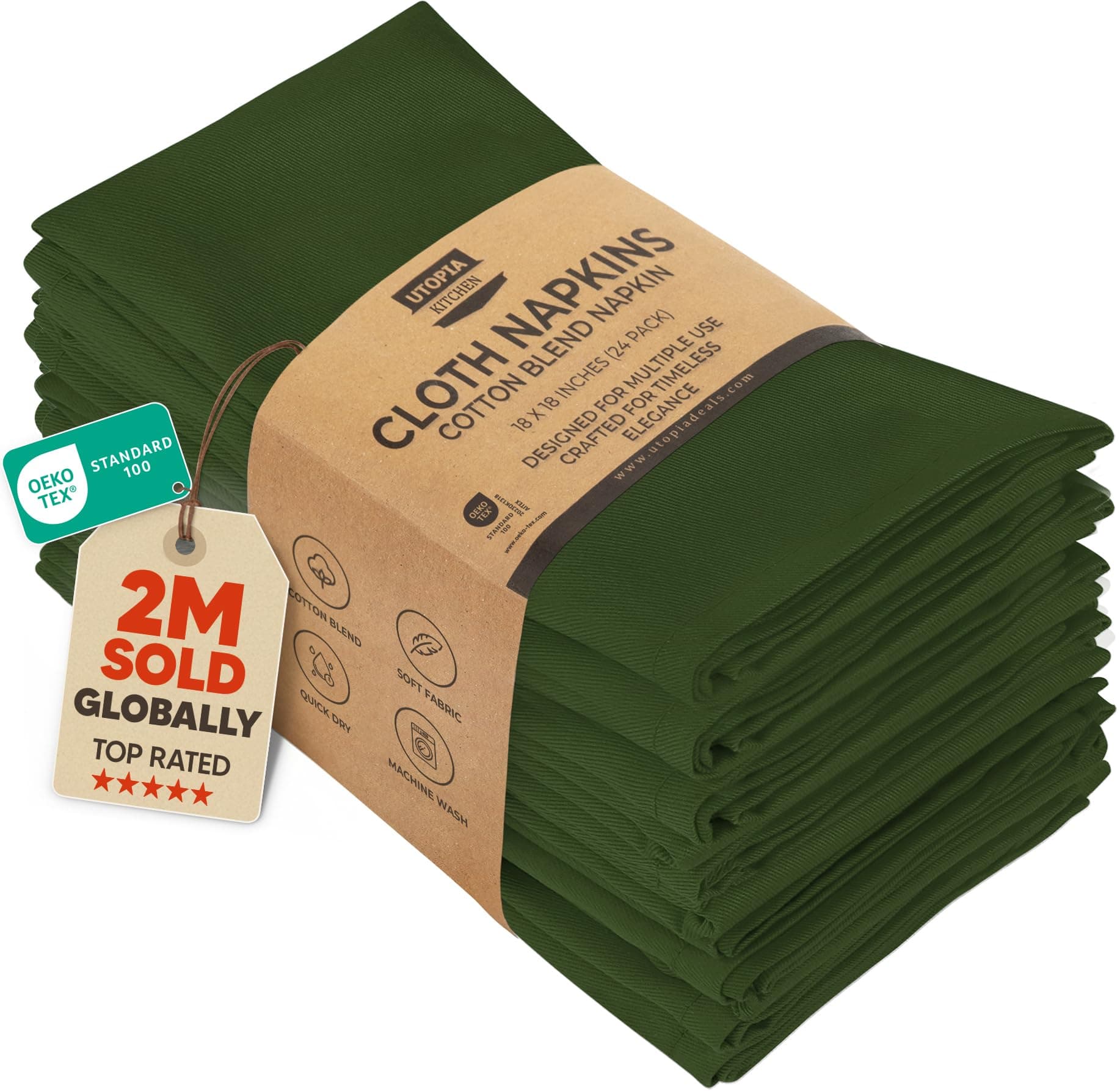 Utopia 12 Premium Cloth Napkins, 60% Cotton 40% Polyester, Soft and Durable, Expertly Tailored Edges, Generous Size (18" x 18"), Ideal for Events or Regular Home Use (Olive)