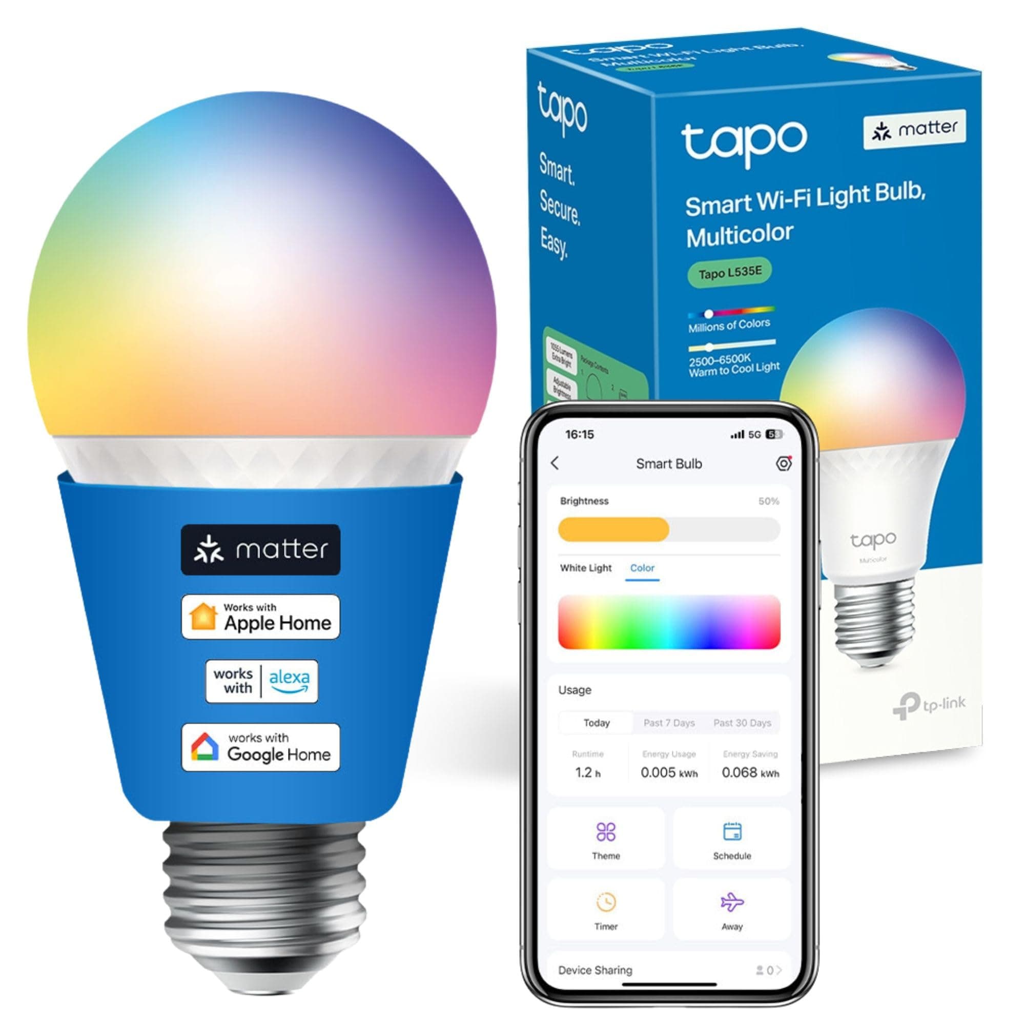 Tapo L535E E27 Smart Bulb, Alexa Light Bulb, Matter-Certified, Multicolour, 8.6W (75W), Auto Schedule and Timer, Away Mode, Dimmable, Energy Monitoring, Voice Control Via Alexa and Google Assistant