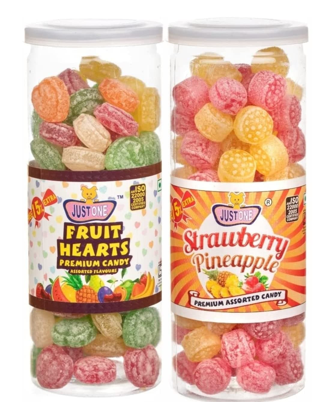 JUSTONE Fruit Hearts & Strawberry Pineapple Assorted Candies | Combo Pack of 2 | Total Weight 460 g | Flavoured Sugar sweet and sour Candy for Kids & Adults