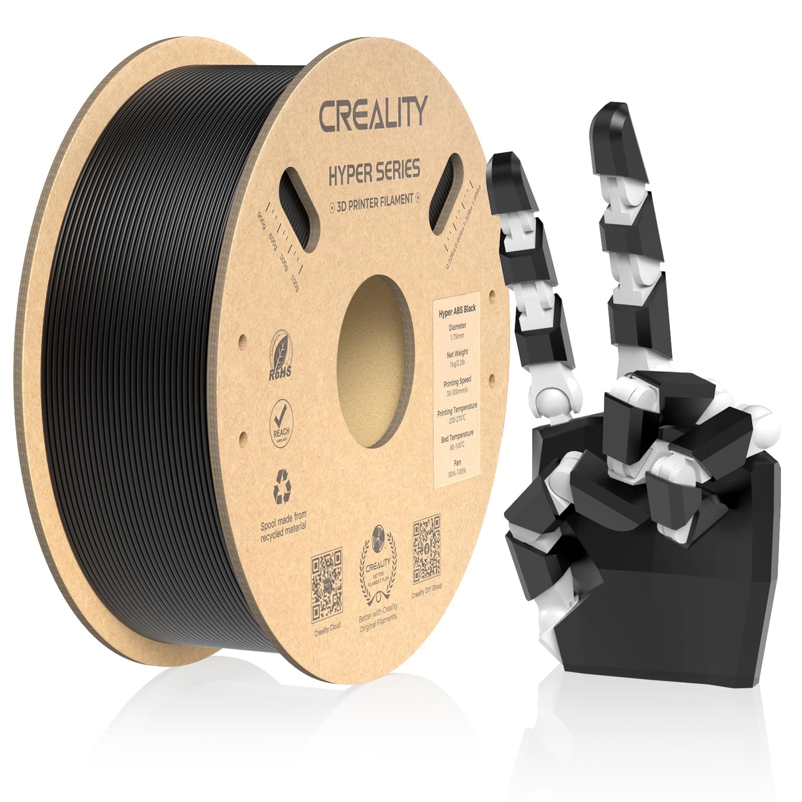 Creality Hyper ABS Filament for K1/K1 Max/K2/K2 Plus, Official 3D Printer Filament 1.75mm for High-Speed Printing Convenient Open Printing ABS Filament, 1kg(2.2lbs) Spool (Black)