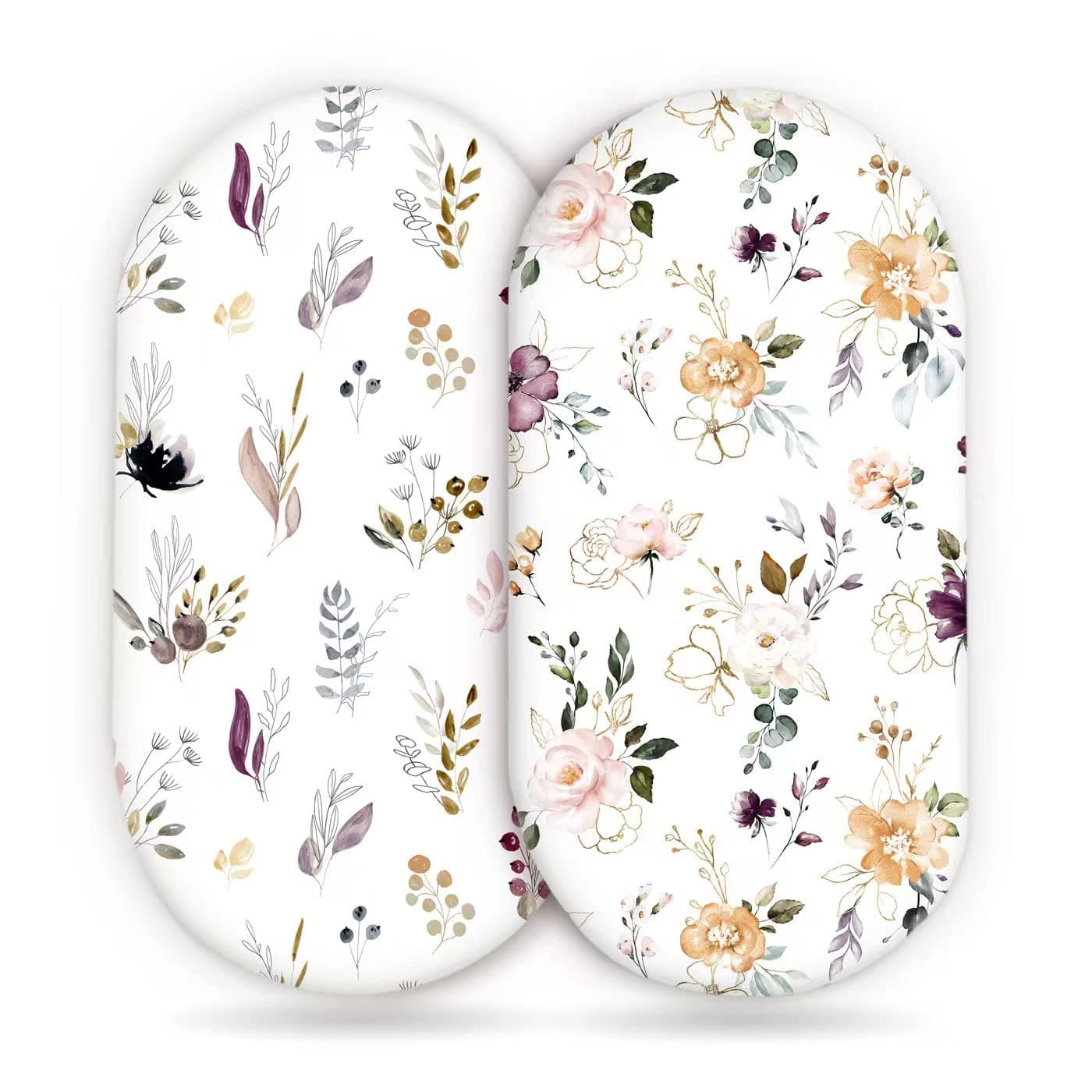 GRSSDER Stretchy Ultra Soft Fitted Bassinet Sheet Set 2 Pack, Bassinet Sheets Fit for Cradle Moses Basket Oval Rectangle Mattresses, Snug and Safe for Baby, Stylish Watercolor Flora