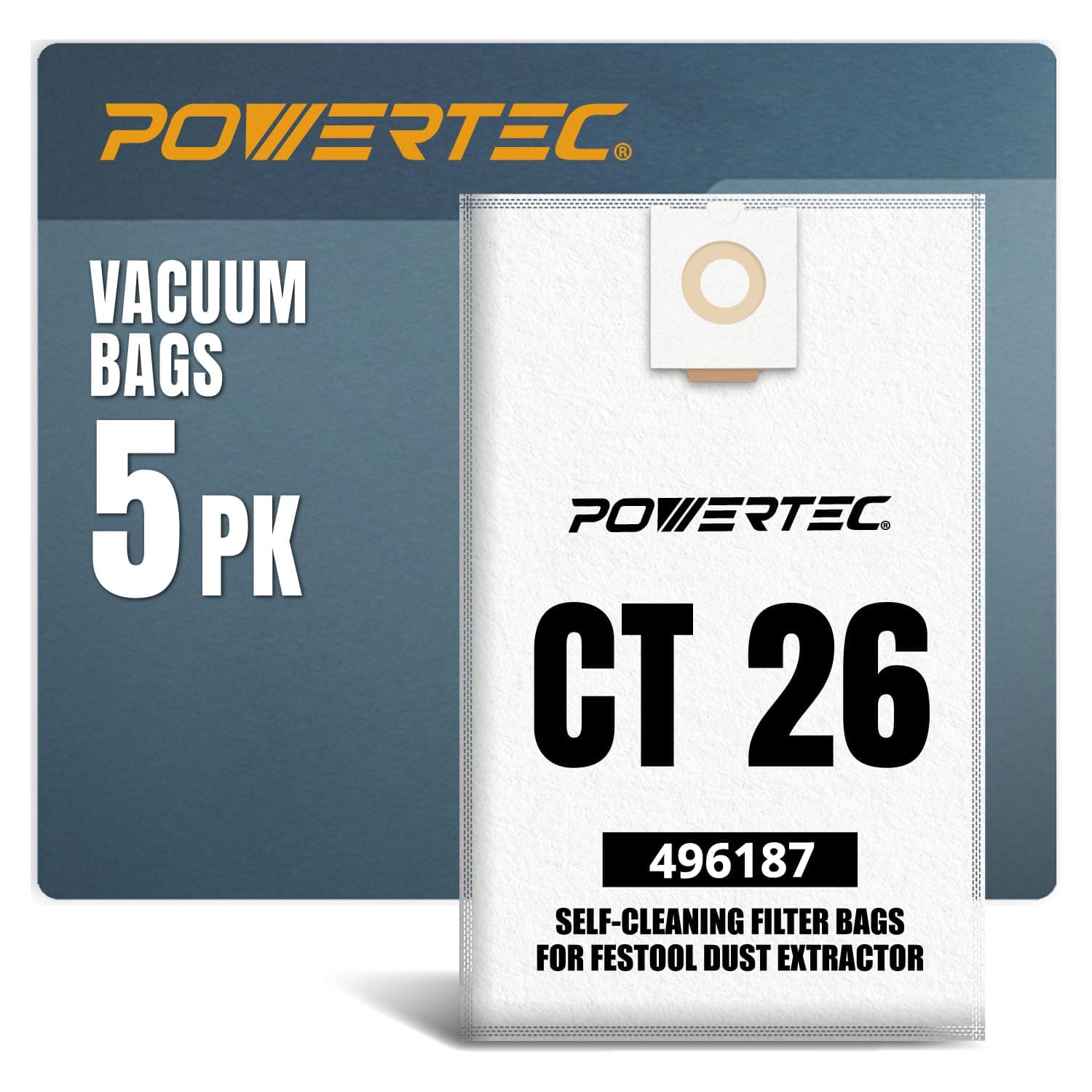 POWERTEC 496187 Self-Clean Filter Bag for Festool CT 26-5PK, Compatible with CT26, CT26 E, CTL26, CTM26 Dust Extractors (75037)
