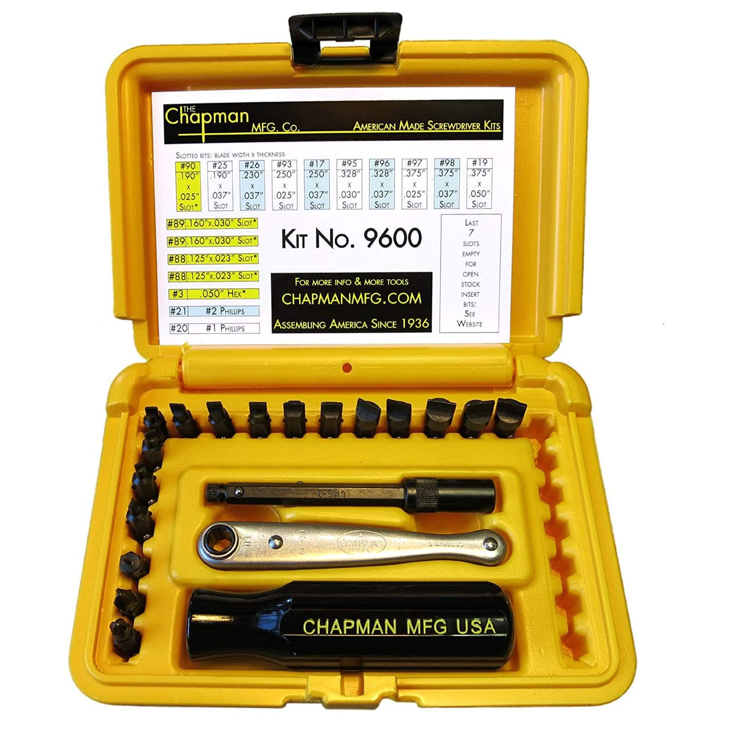 Chapman MFG 9600 Starter Slotted Screwdriver Set - 20 Pieces - Includes 14 Slotted Head Insert Bits, 2 Phillips, Mini Ratchet, Screwdriver Handle, Extension + Open Slots, USA Made (Yellow Case)