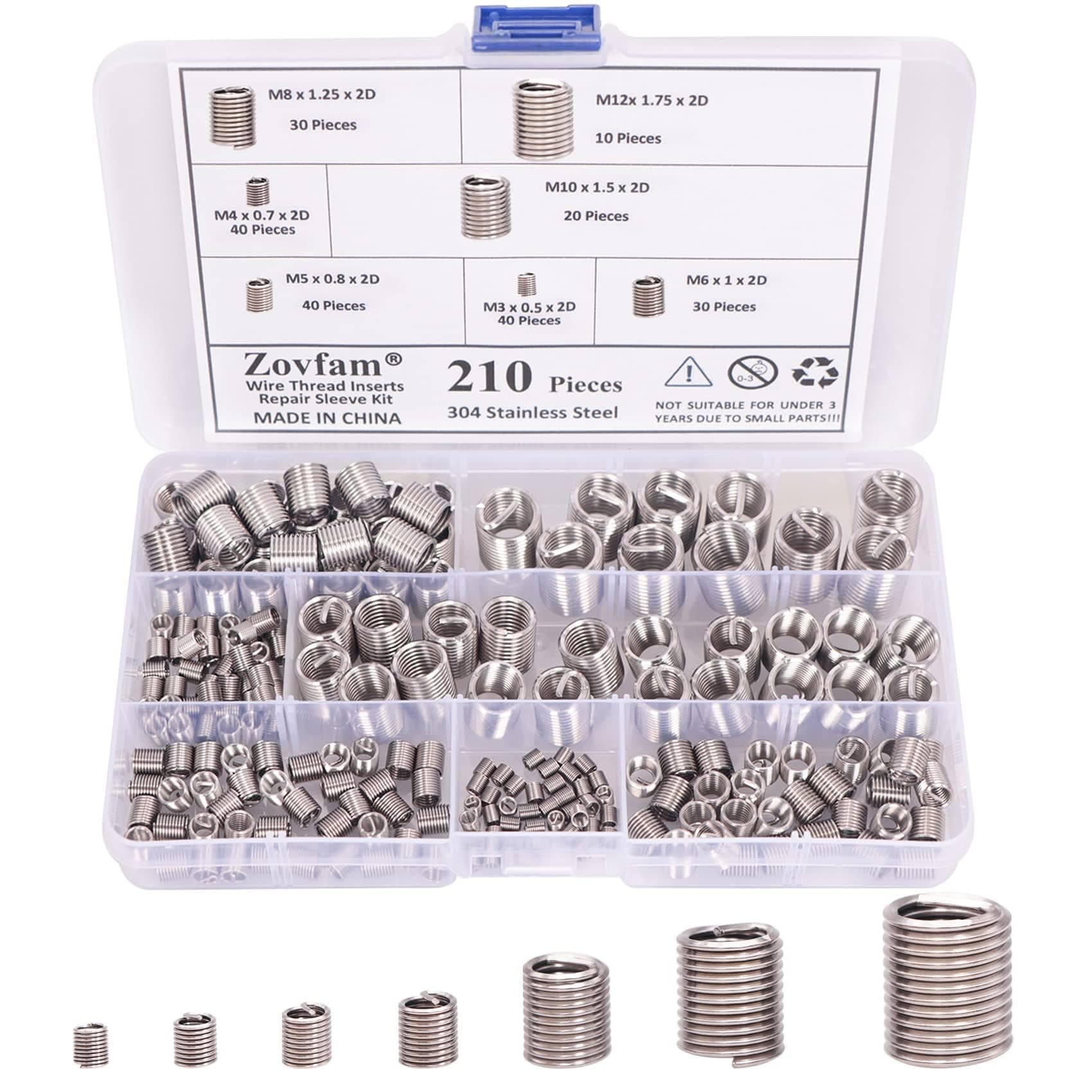 Wire Screw Sleeve Thread Repair Inserts Assortment Kit 304 Stainless Steel Metric M3 M4 M5 M6 M8 M10 M12 Wire Thread Inserts Helical Thread Repair Kit 210Pcs