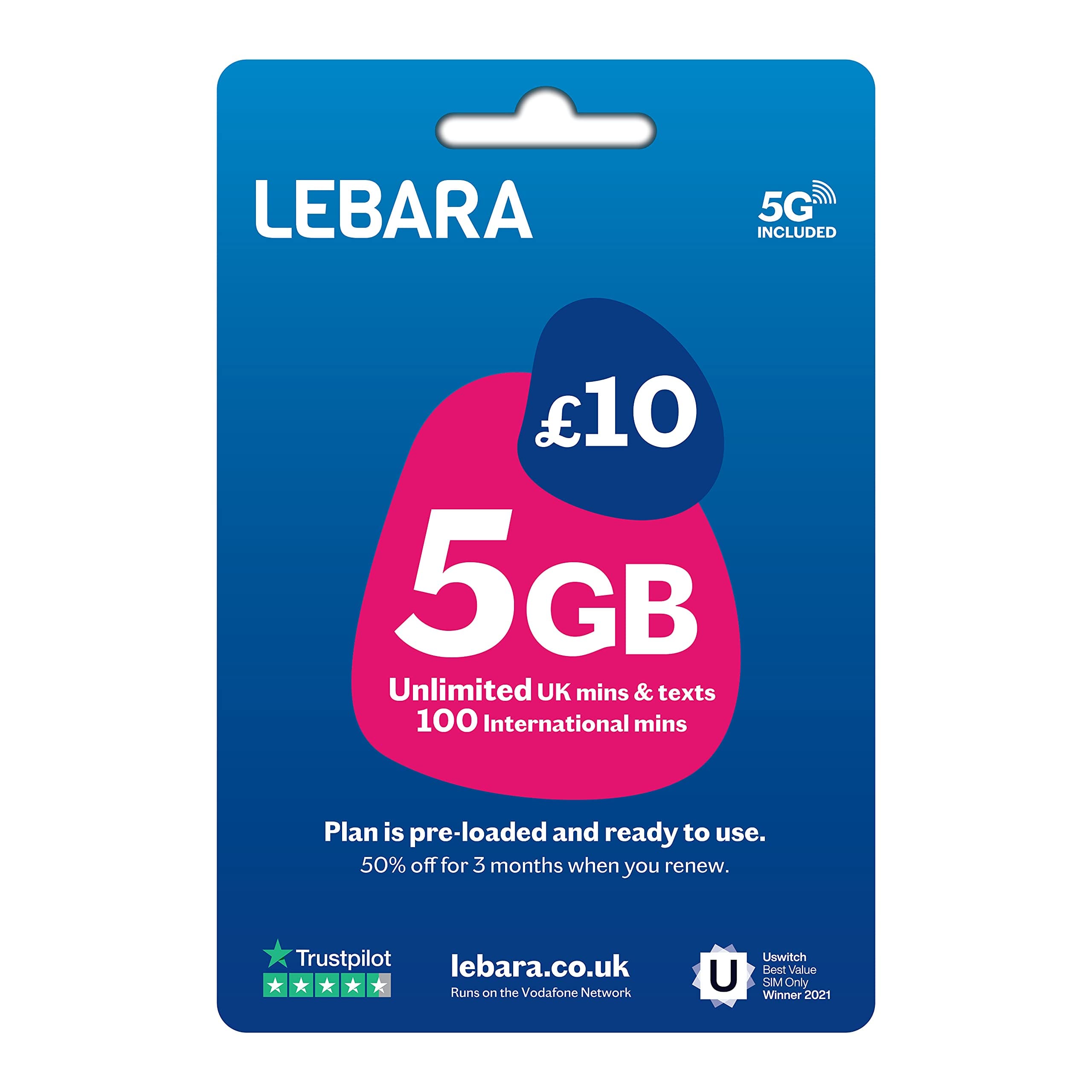 Lebara UK Pay As You Go SIM Card - 5GB Data, Unlimited UK Minutes & Texts, 100 International minutes for £10