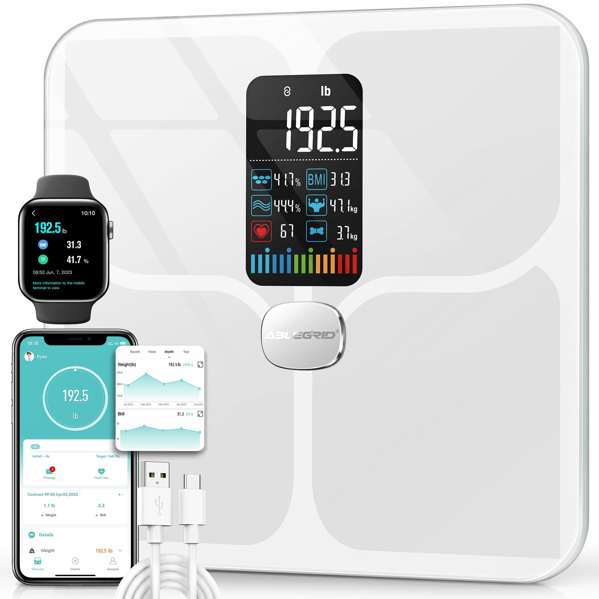 ABLEGRID Body Fat Scale,Digital Smart Bathroom Scale for Body Weight, Large Color Display Screen, 22 Body Composition Metrics BMI, Water Weigh, Heart Rate, Baby Mode, 400lb, Rechargeable (White)