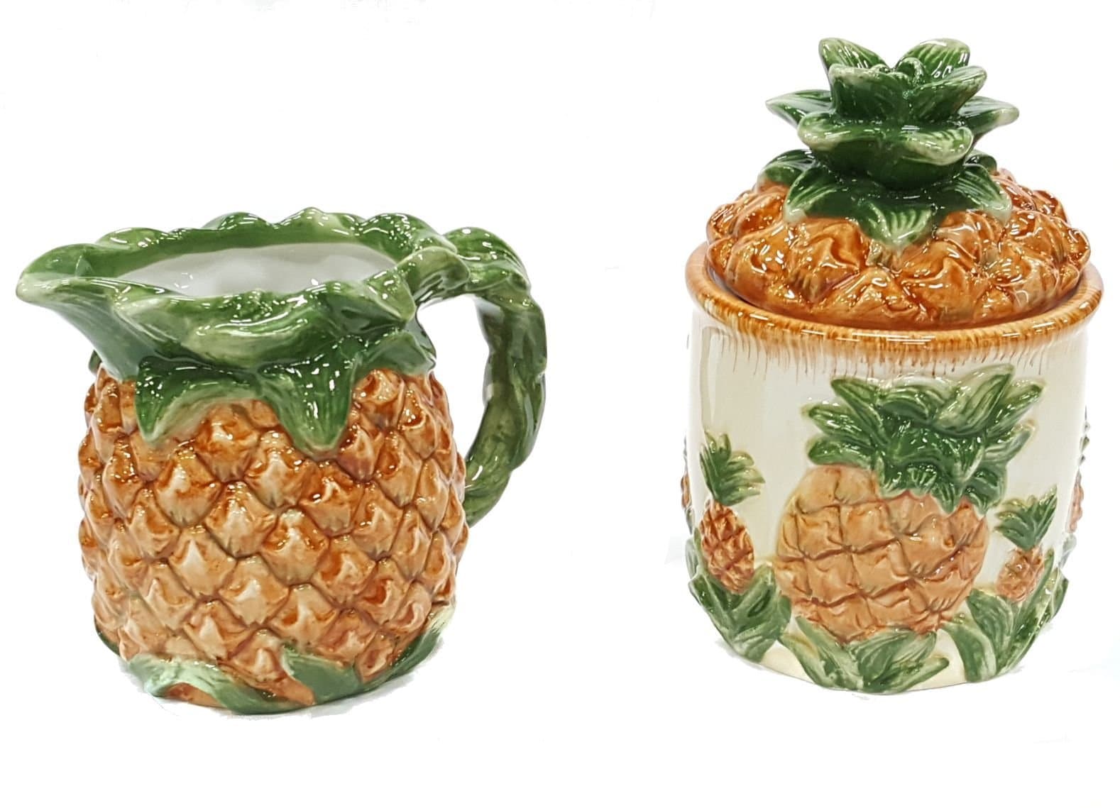 Pineapple Design 3 Dimensional Ceramic Sugar Bowl & Creamer Set