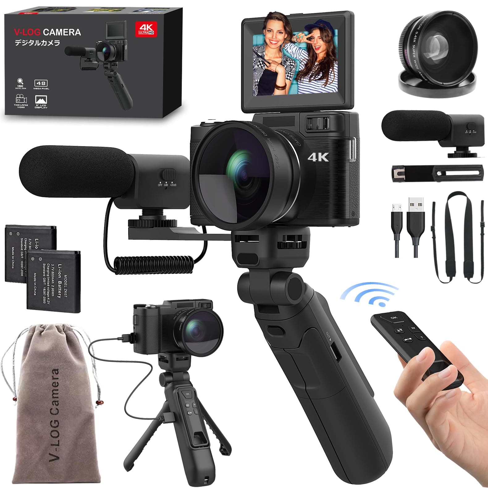 novzzovaz 4K Digital Camera V-CamPro-7 with Creator Accessory Kit, 48MP & 4K Video, Remote Control, Flip Screen, Macro Lens, Mic, Batteries