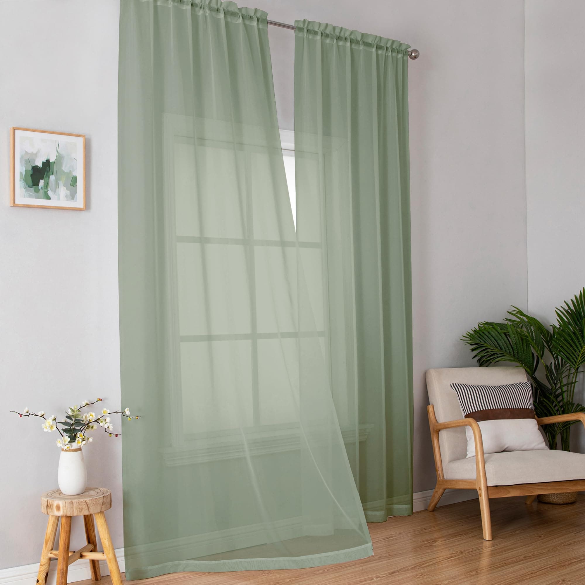 Simplebrand Sage Sheer Curtains 96 Inches Long, Light Filtering Rod Pocket Solid Color Window Sheer Curtain Panels, Elegant Curtains & Drapes for Living Room, Bedroom 2 Panels (Sage, 42" W x 96" L)