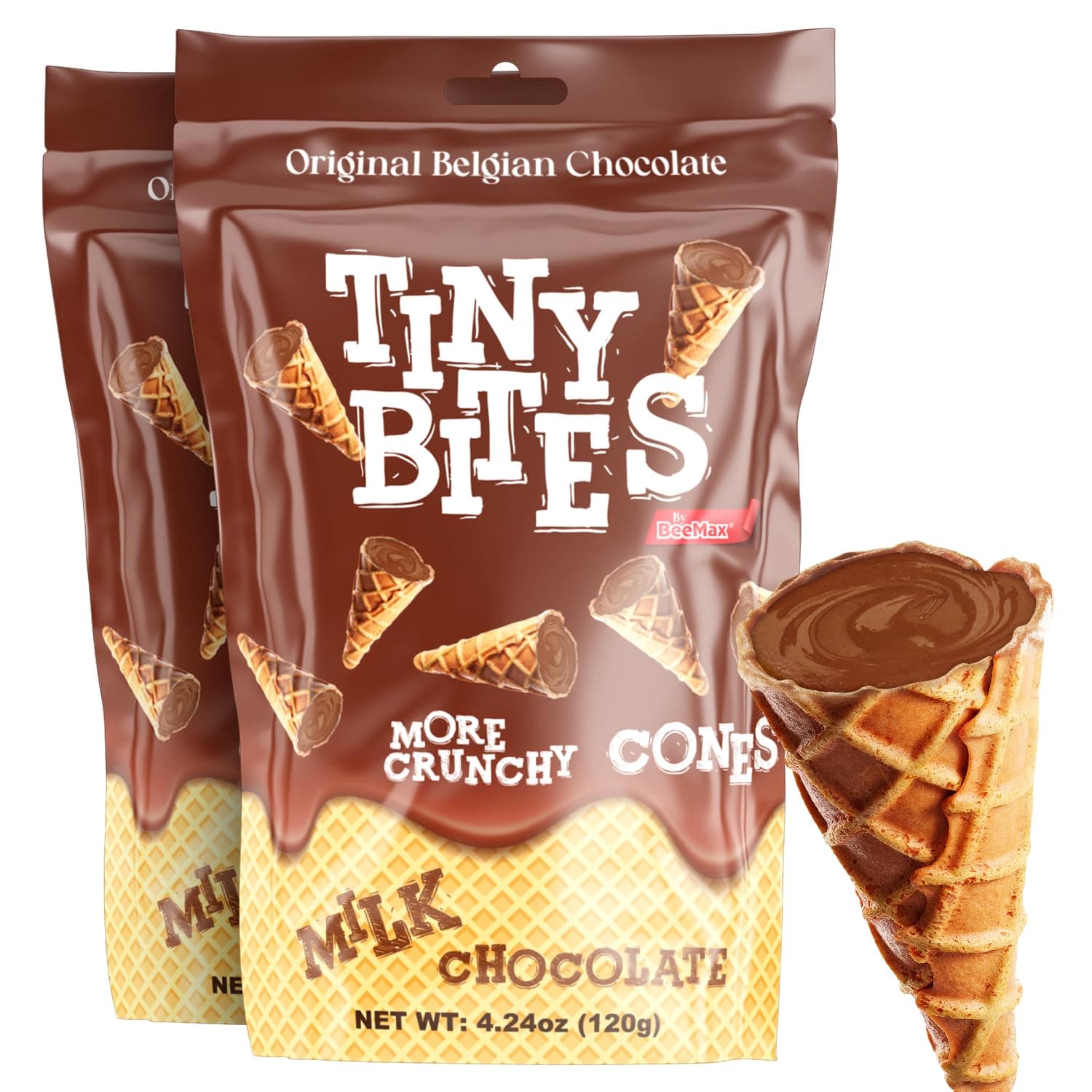 Tiny Bites Milk Chocolate Mini Waffle Cones - 4.24 oz Bag (Pack of 2) - Crispy Waffle Cones Filled with Belgian Milk Chocolate - Bite-Sized Snacks for Parties, Lunchboxes & Dessert Boards