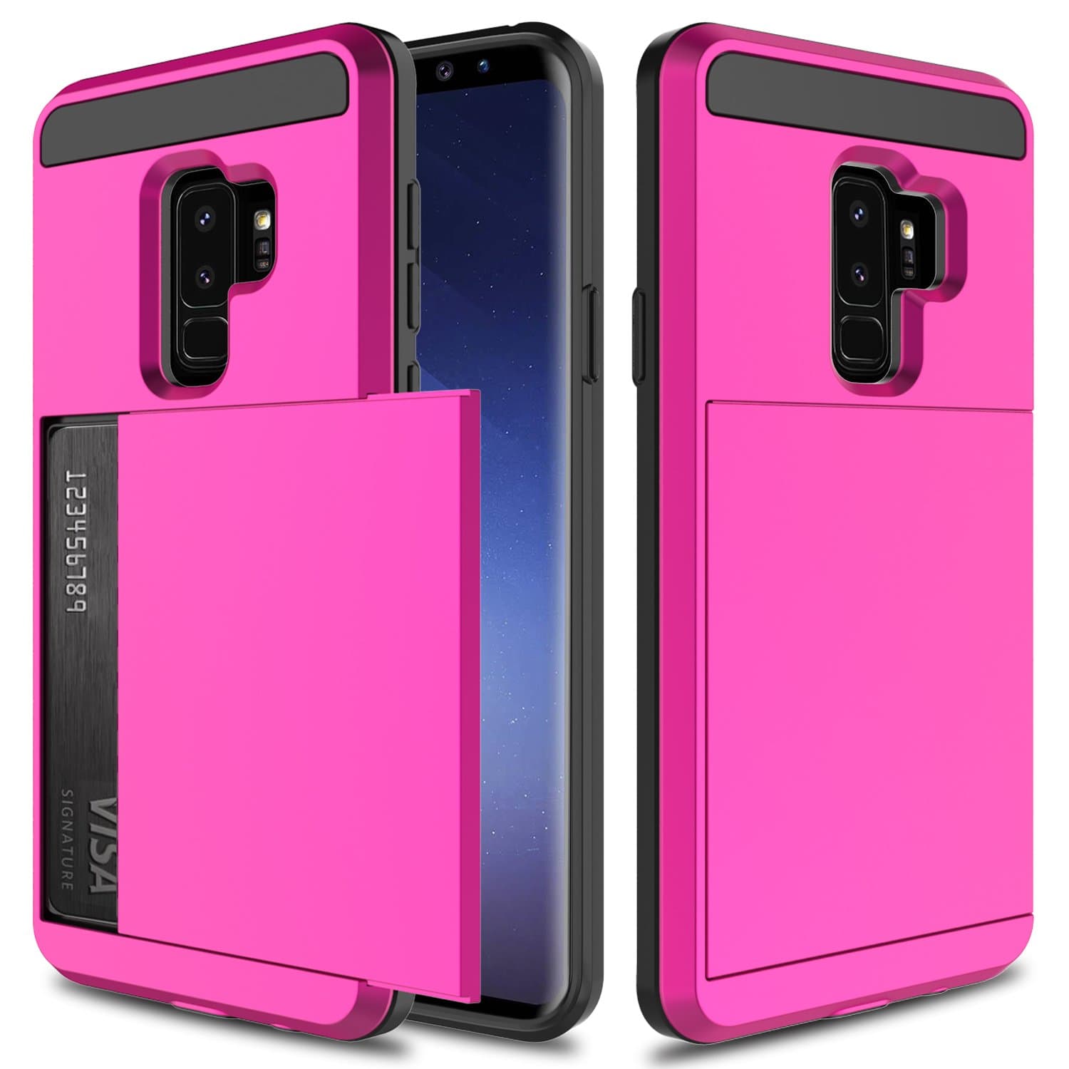 USHAWN Galaxy S9 Plus Case, Sliding Card Holder Dual Layer Hybrid TPU Bumper Protection Defender Shockproof Anti-Scratch Rugged Wallet Case Cover for Samsung Galaxy S9 Plus/S9+/SM-G96 (Rose Red) …
