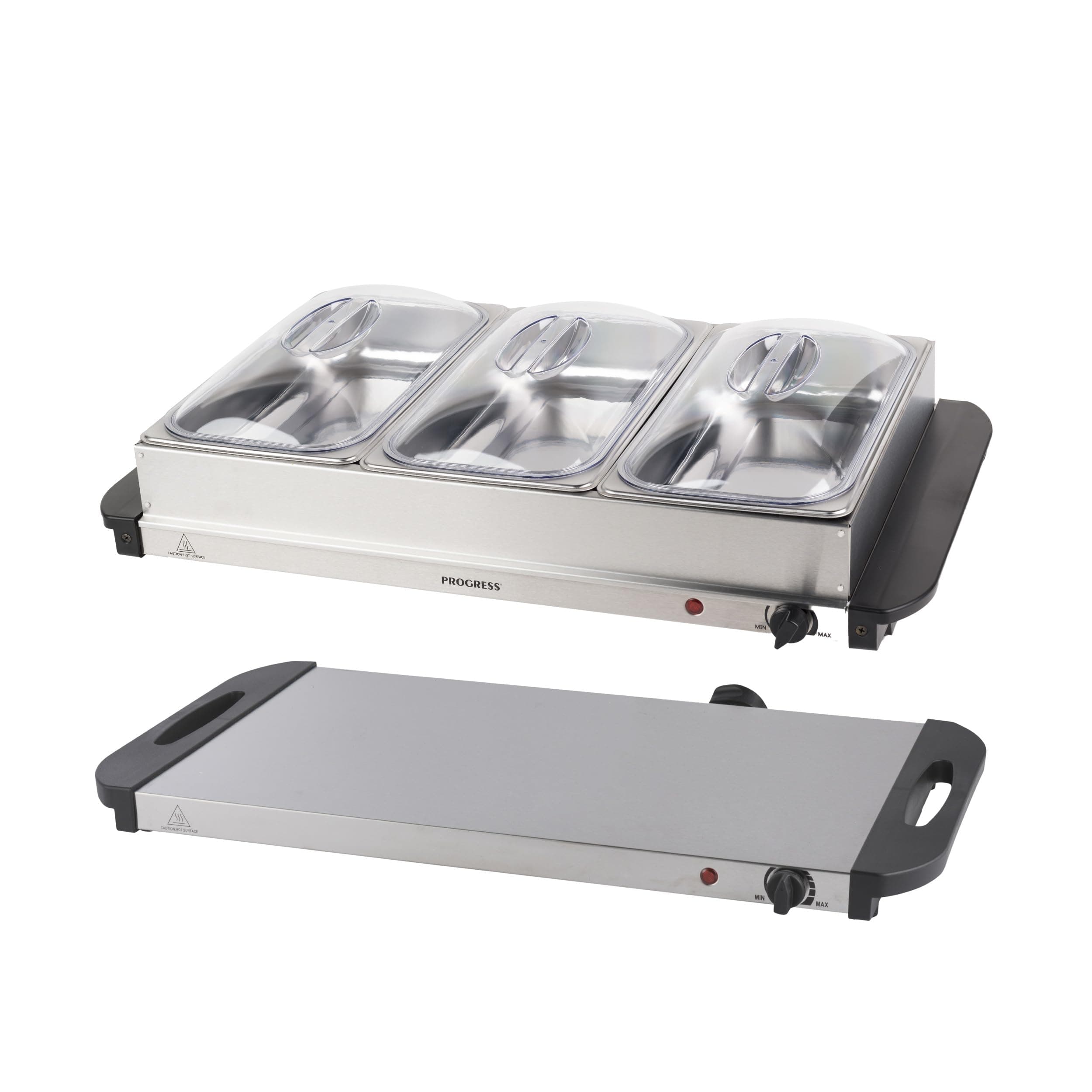 Progress Electric Buffet Server - 3 Pan Hot Plate, Food Warmer Tray, 3 x 2.5L Removable Sections, Adjustable Temperature, 300W Portable Chafing Dish, Bain Marie, Catering Buffet Serving Tray