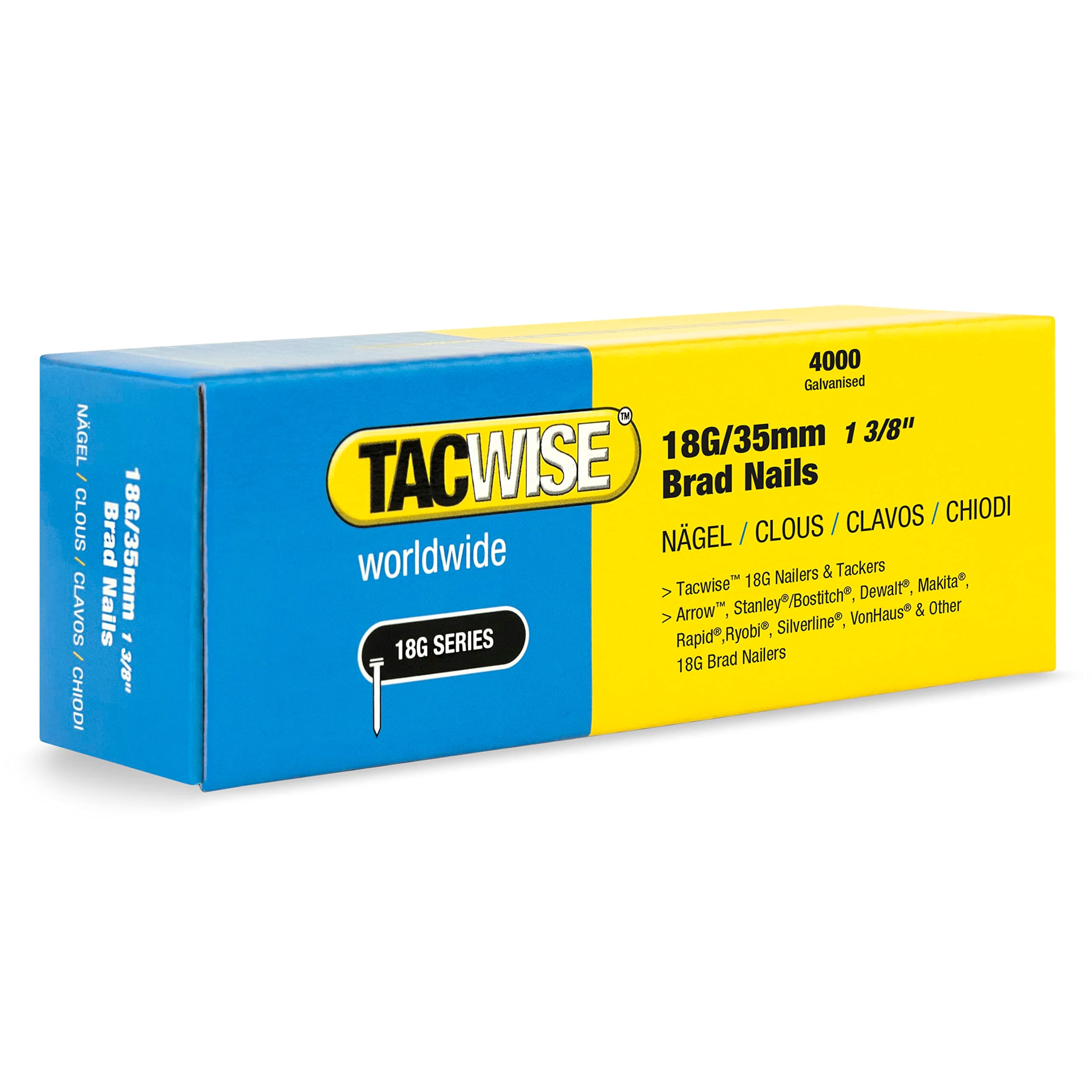 Tacwise 1713 Type 18G / 35 mm Galvanised Brad Nails, Pack of 4,000, Silver