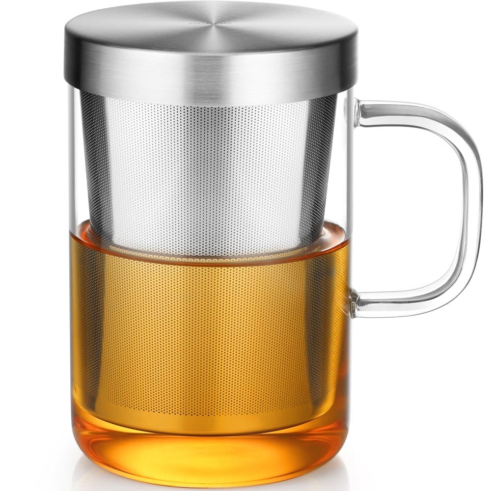 ecooe 16.9 Oz Borosilicate Glass Tea Mug Cup Tea Glasses with Stainless Steel Infuser & Lid, Loose Leaf Glass Tea Cup Teacup 430mL(Use Capacity)