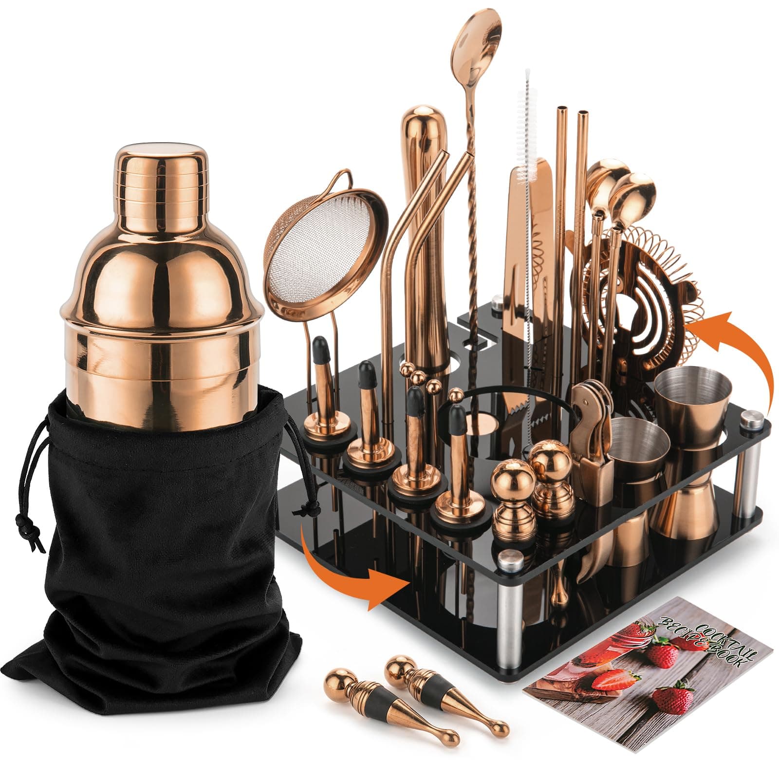 KINGROW Cocktail Shaker Set 29-Piece Bartender Kit with Rotating Stand | Bar Set Drink Mixer Set with All Essential Accessory Tools for Drink Mixing, Home, Bar, Party |Gold Rose