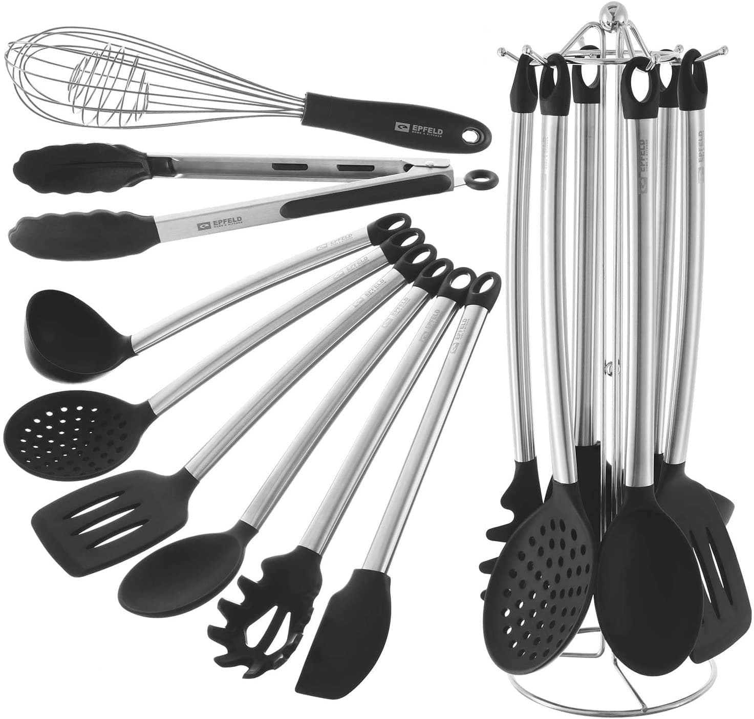 Kitchen Utensil Set With Holder - 8 Piece Silicone, Non-Stick, Cooking Utensils Set With Holder Serving Tongs, Spoon, Spatula Tools, Pasta Server, Ladle, Strainer, Whisk, Holder (Black)