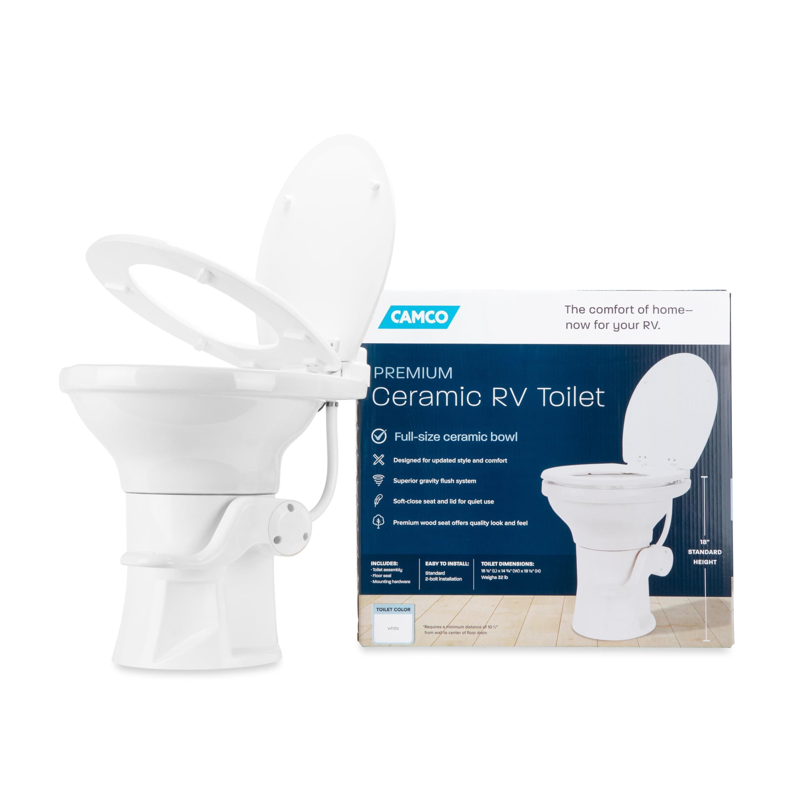 Camco Premium Ceramic Camper/RV Toilet - Features Gravity Flush System with Convenient Foot Pedal & Full-Sized Ergonomic Design with 18" Chair Height - Soft-Close Wood Seat & Lid - White (41710)